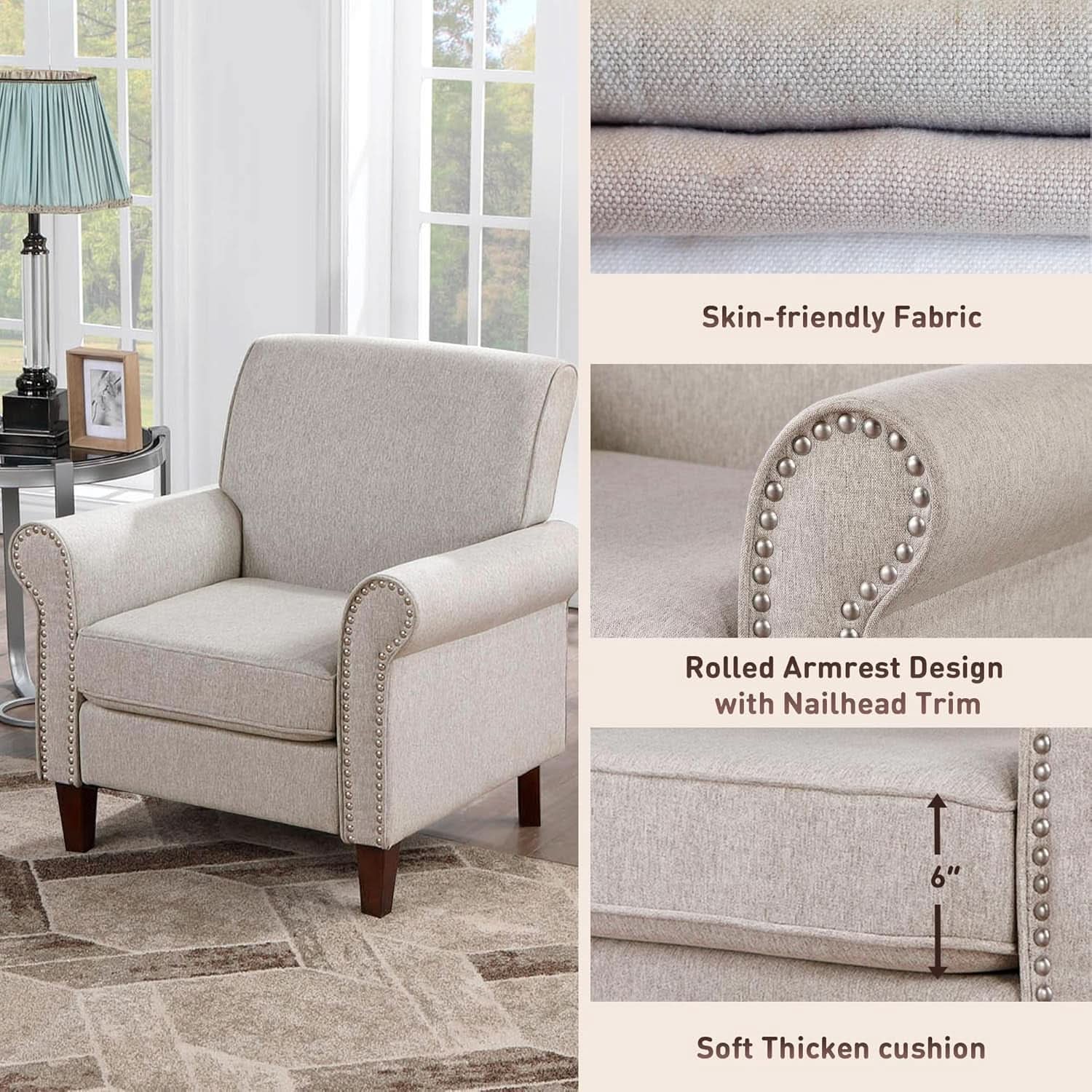 Beige Upholstered Armchair Large With Nailhead Trim