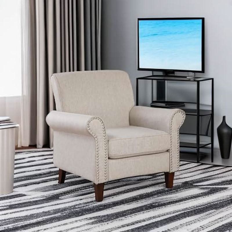 Beige Upholstered Armchair Large With Nailhead Trim