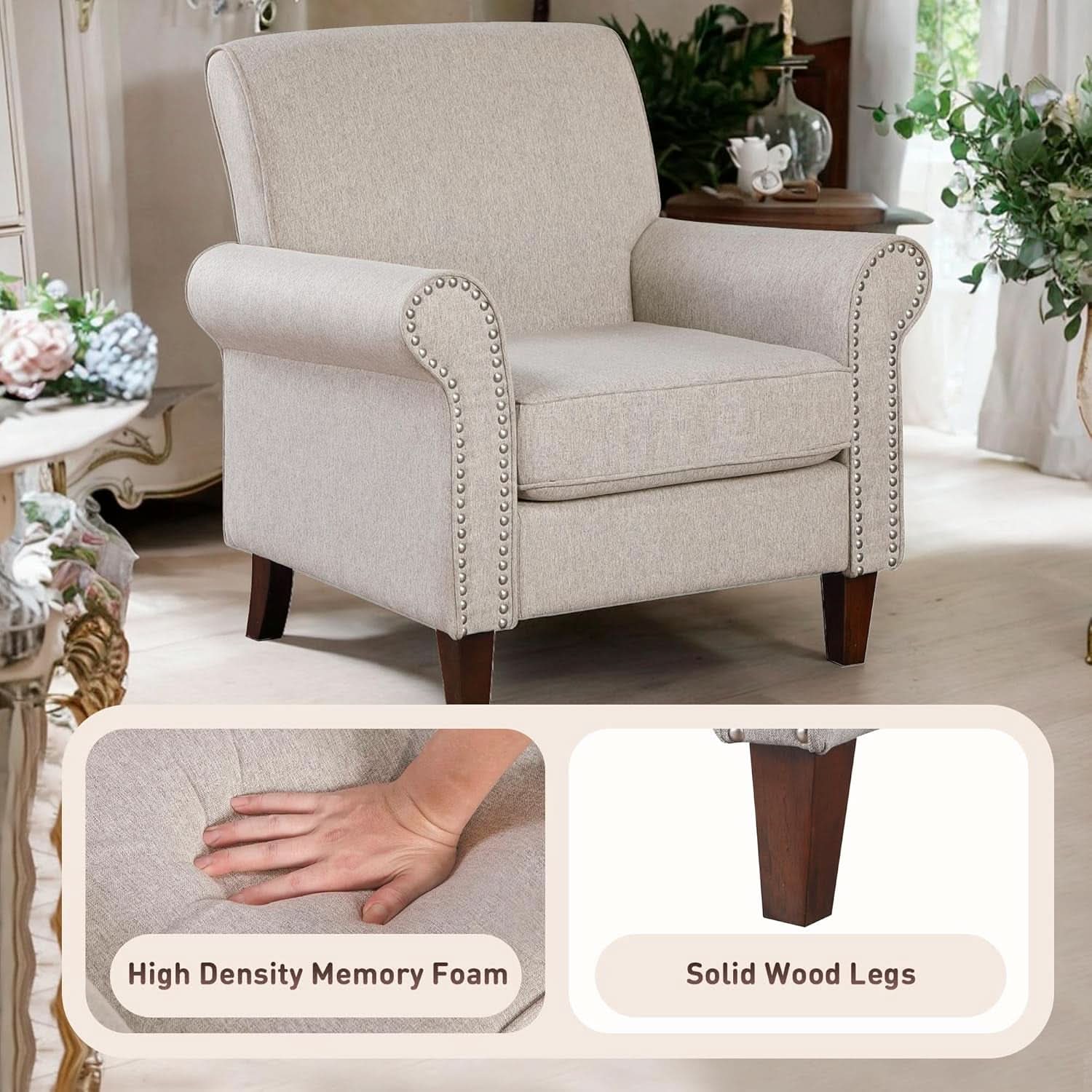 Beige Upholstered Armchair Large With Nailhead Trim