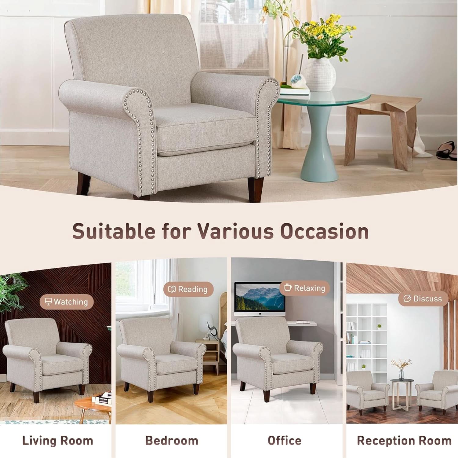 Beige Upholstered Armchair Large With Nailhead Trim