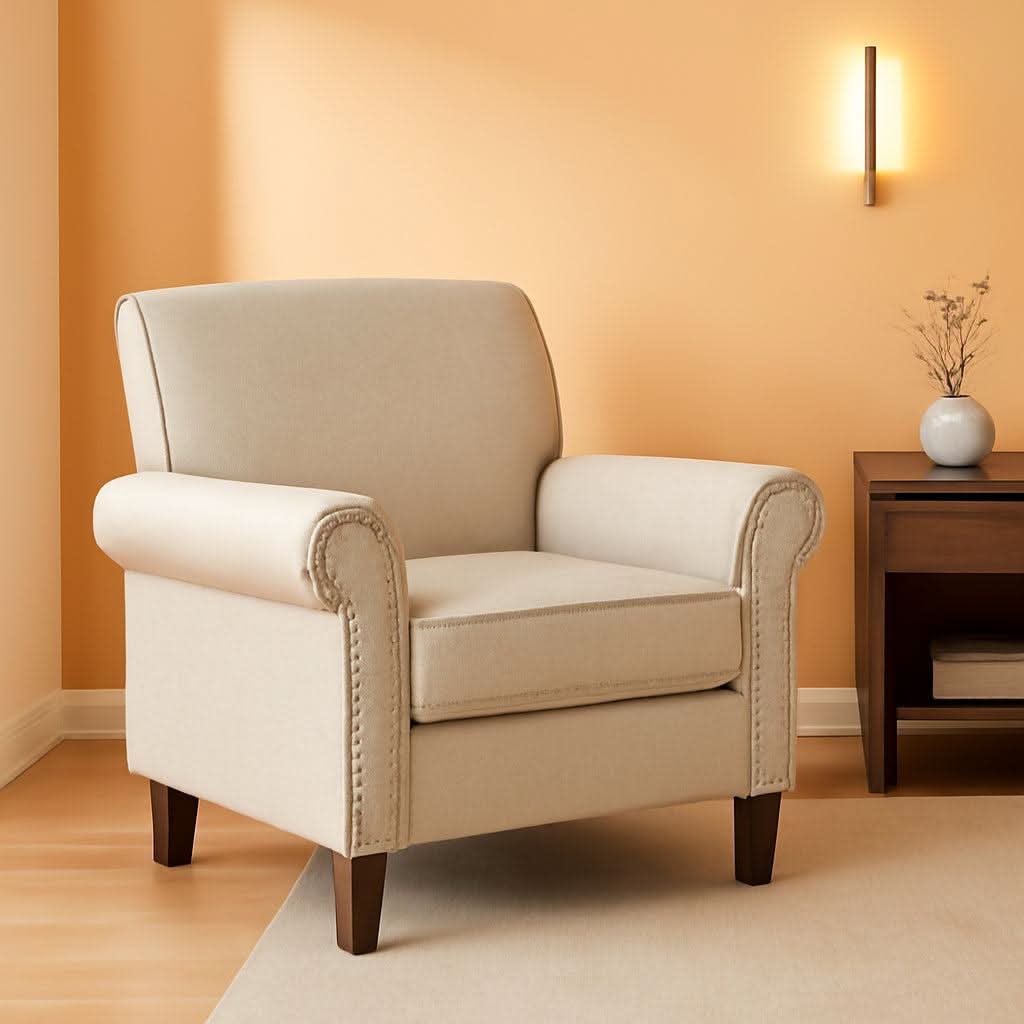 Beige Upholstered Armchair Large With Nailhead Trim
