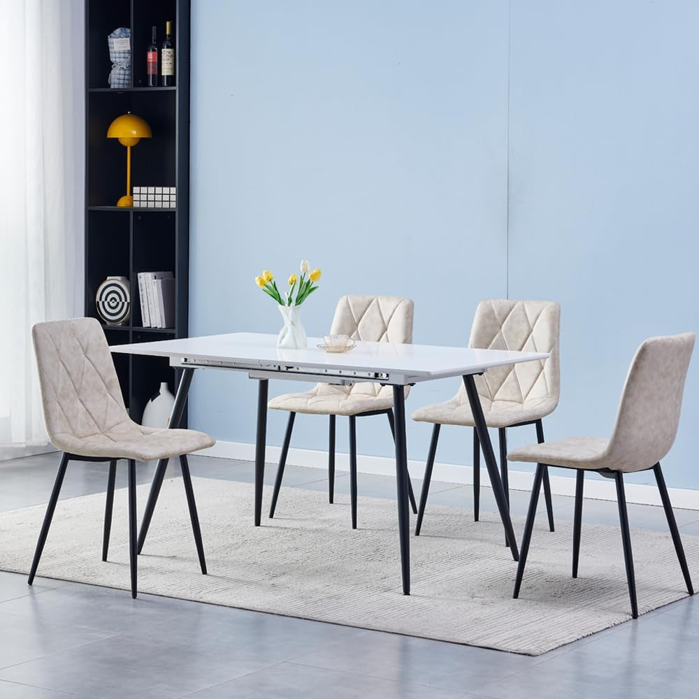 Beige Upholstered Dining Chairs Set Of 4 With Metal Frames