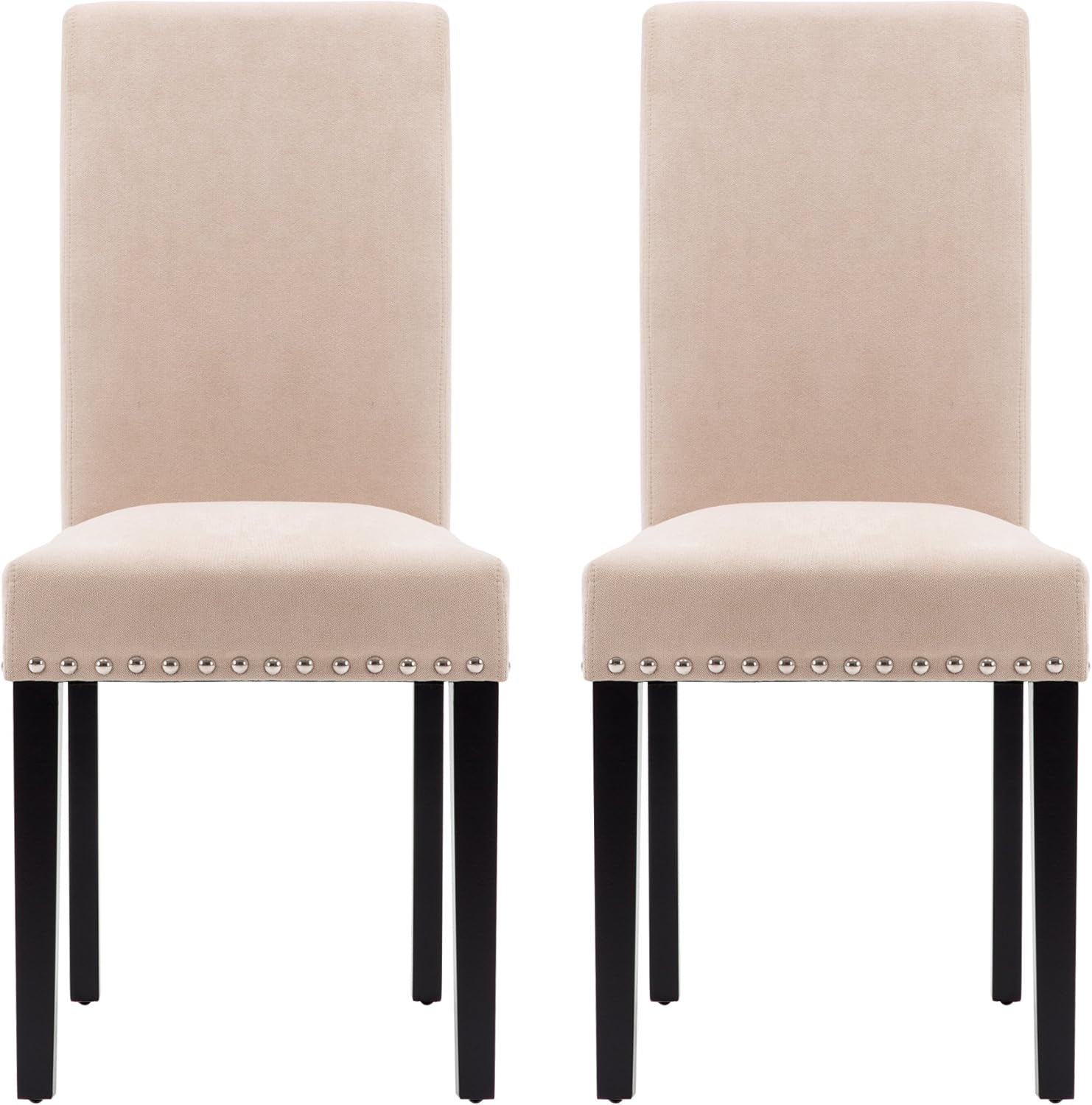 Beige Upholstered Dining Chairs Set of Two Copper Nailhead