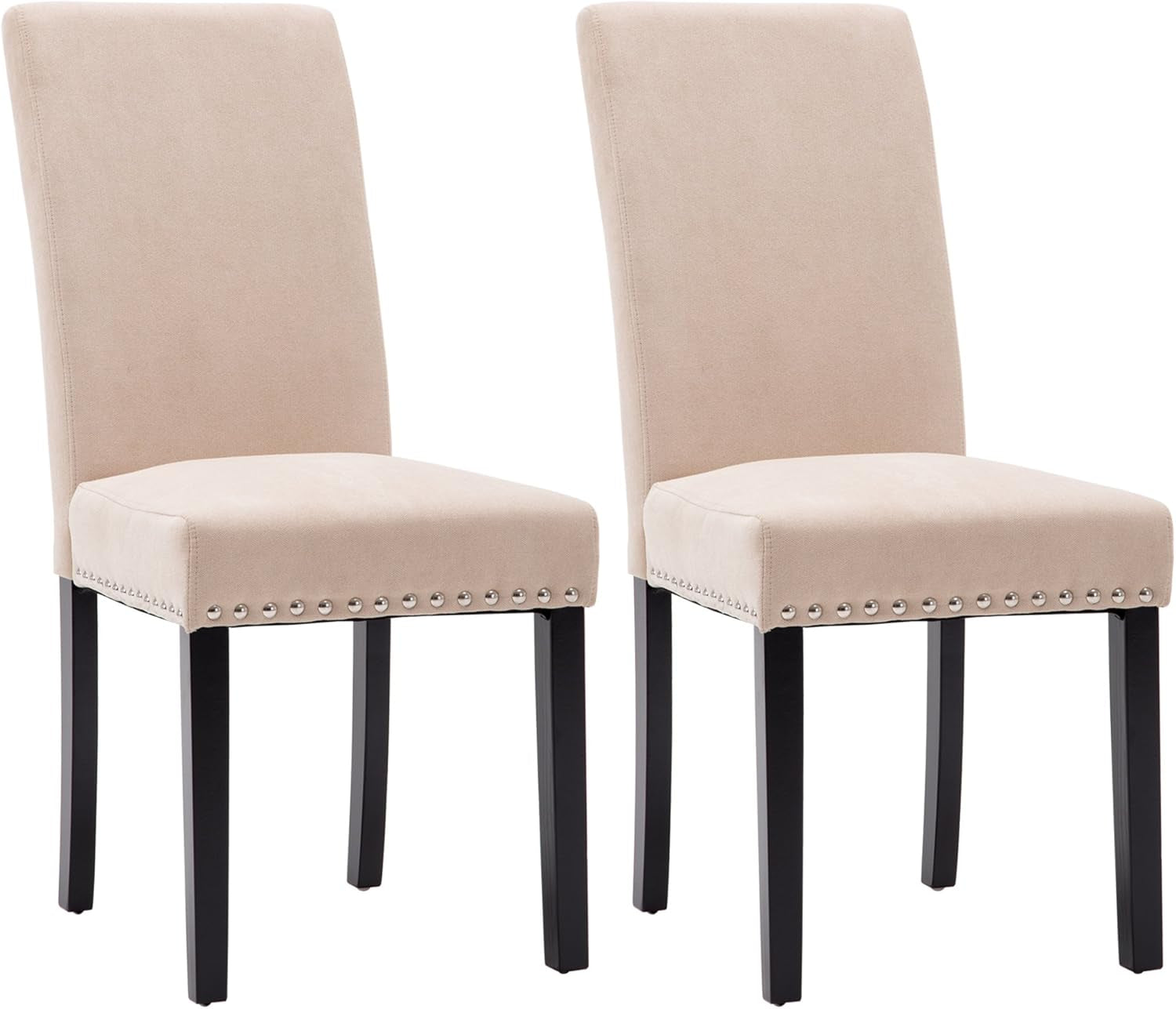 Beige Upholstered Dining Chairs Set of Two Copper Nailhead