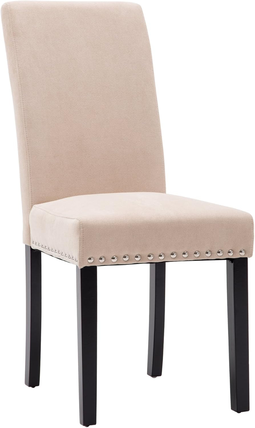 Beige Upholstered Dining Chairs Set of Two Copper Nailhead