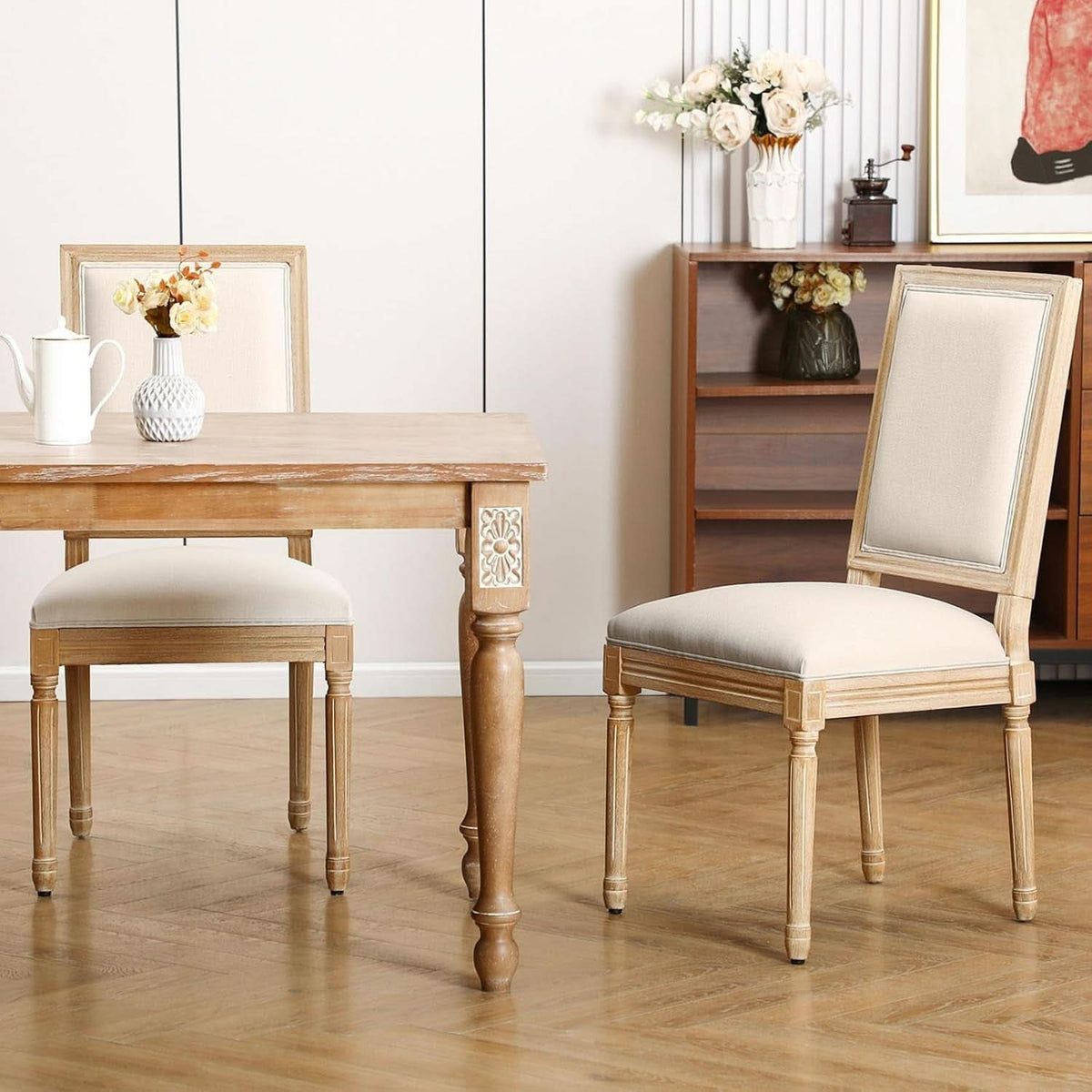 Beige Upholstered French Country Dining Chairs Set of 2