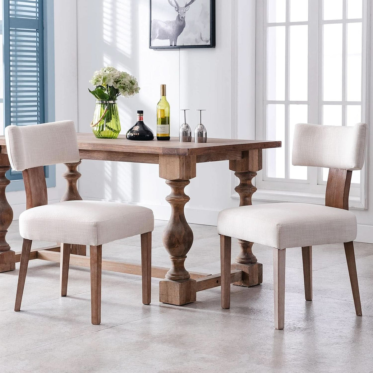 Beige Upholstered Linen Dining Armchairs Wood Legs