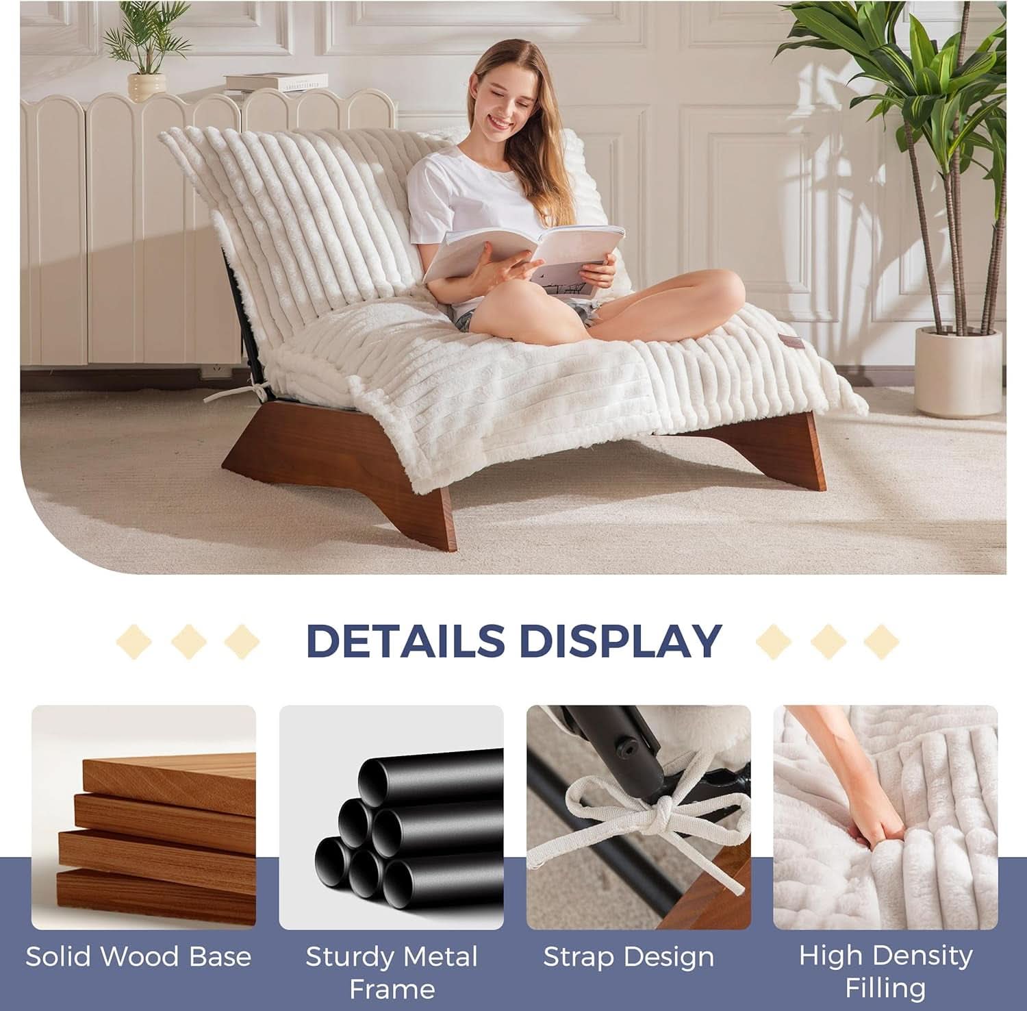 Beige Upholstered Living Room Chair Adjustable Backrest