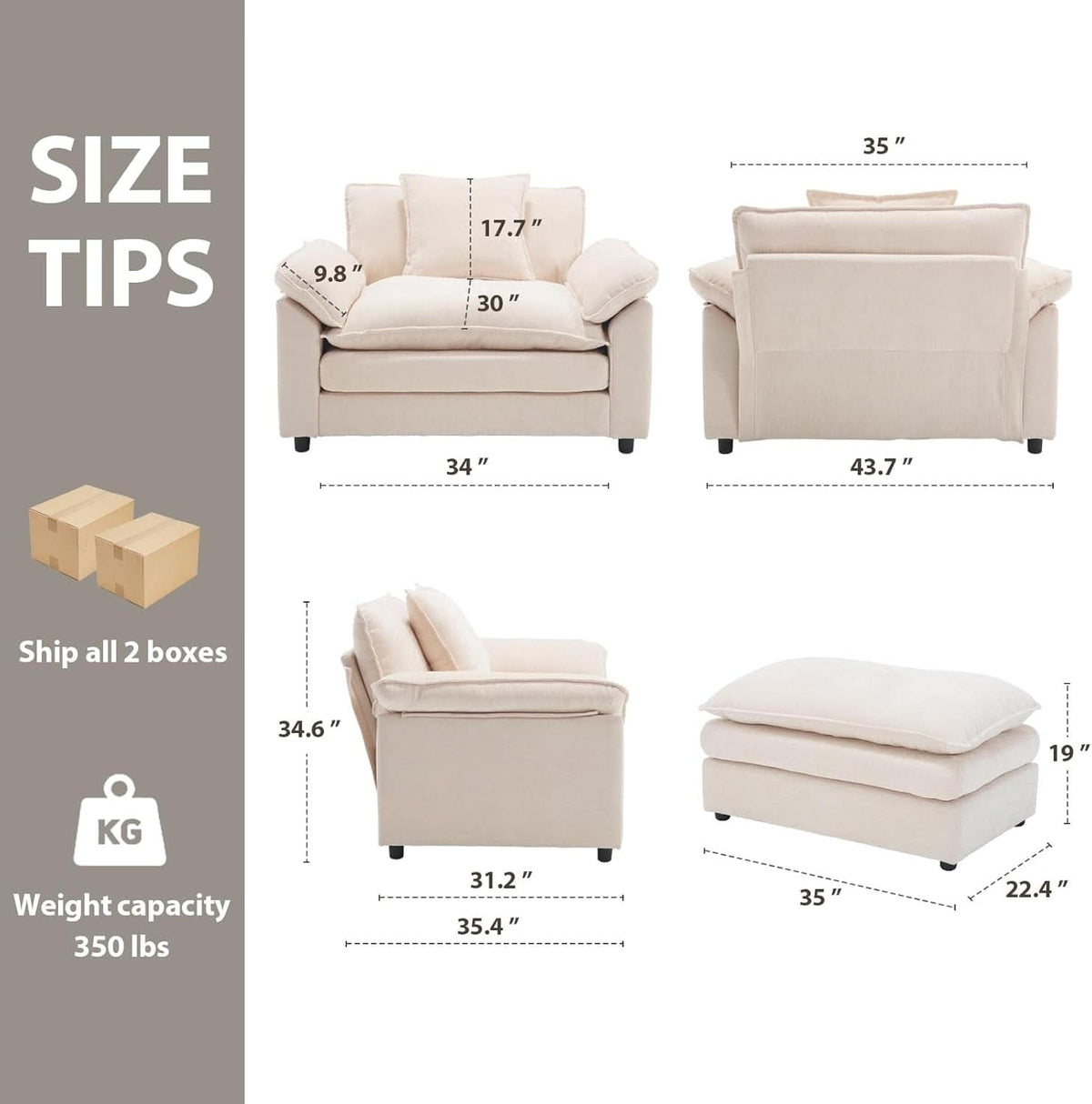 Beige Upholstered Oversized Chair With Ottoman Chenille