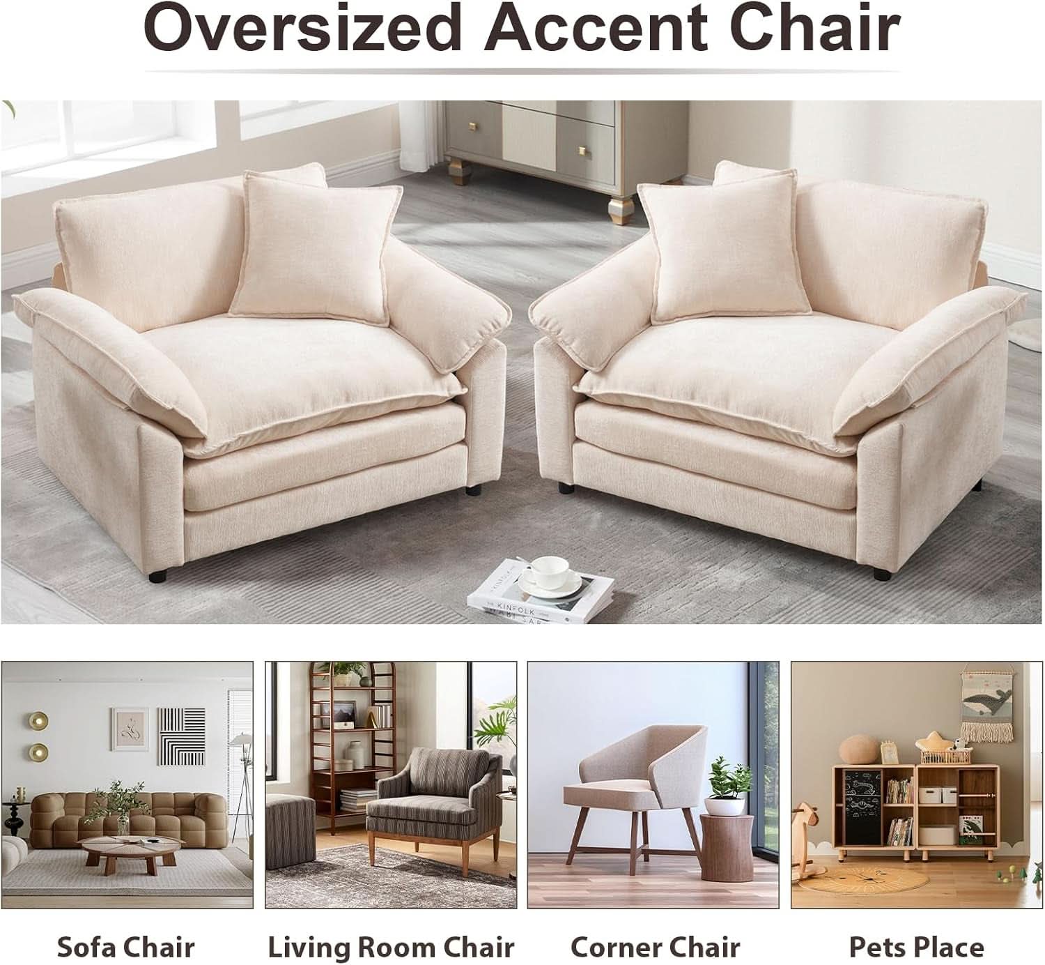 Beige Upholstered Oversized Chair With Ottoman Chenille