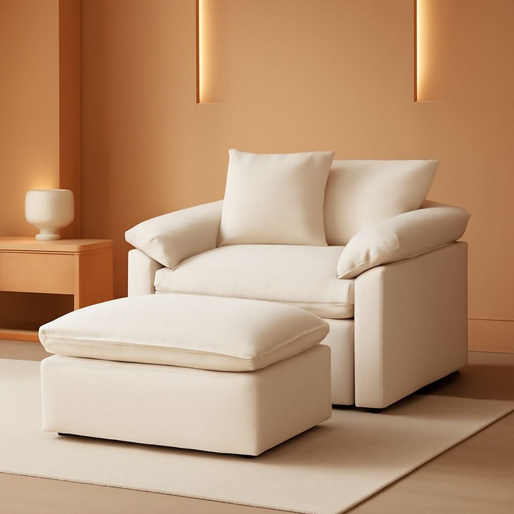 Beige Upholstered Oversized Chair With Ottoman Chenille
