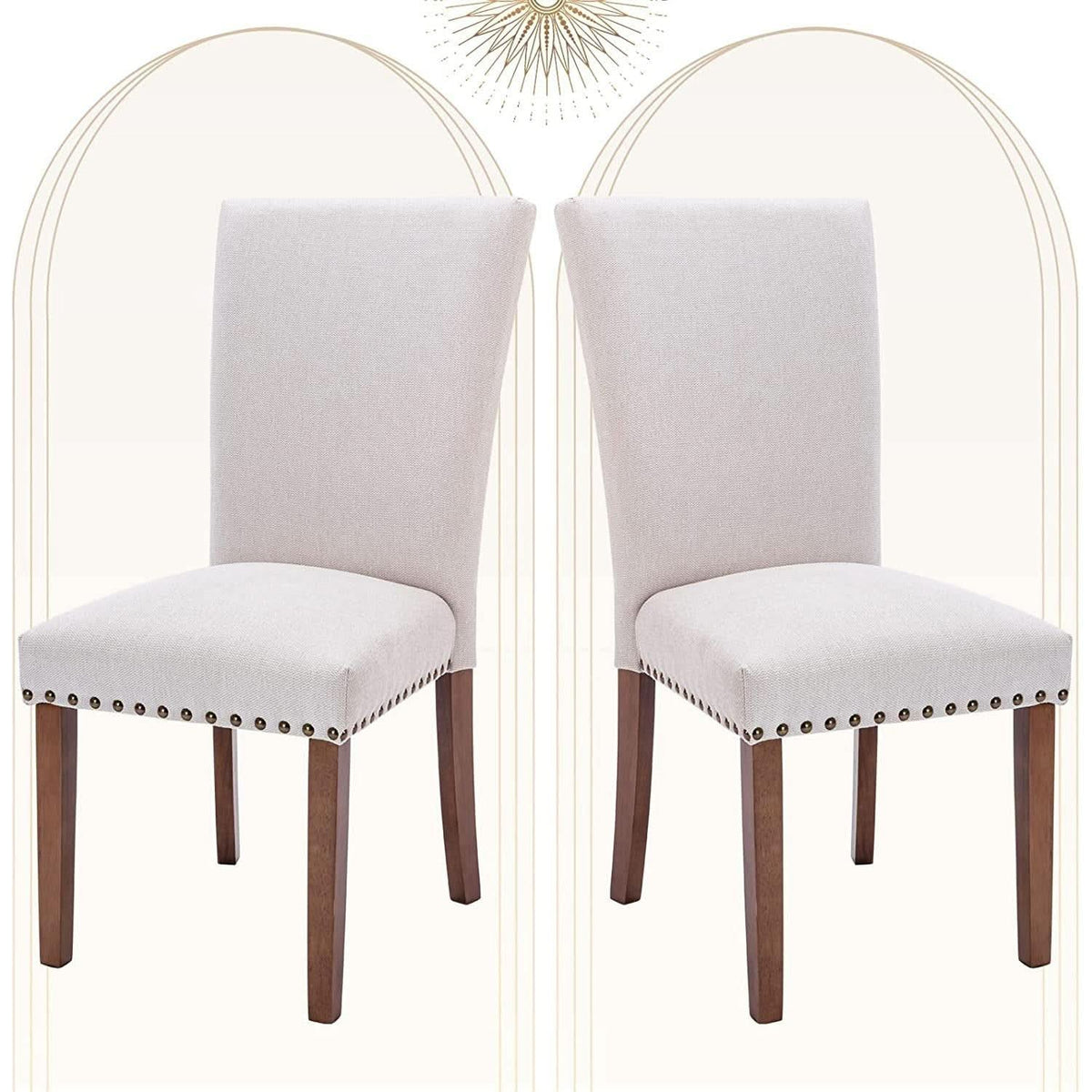 Beige Upholstered Parsons Chair With Nailhead Trim