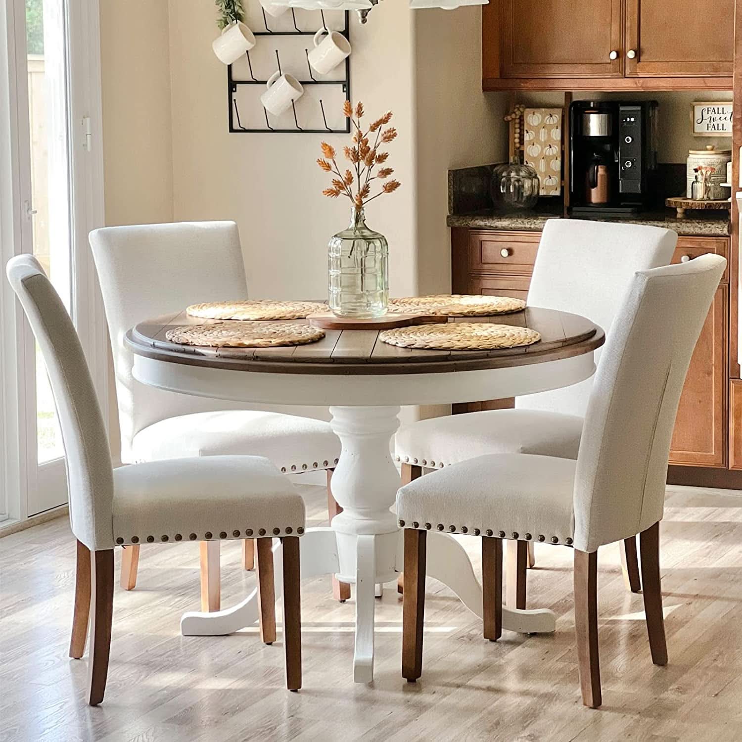 Beige Upholstered Parsons Chair With Nailhead Trim