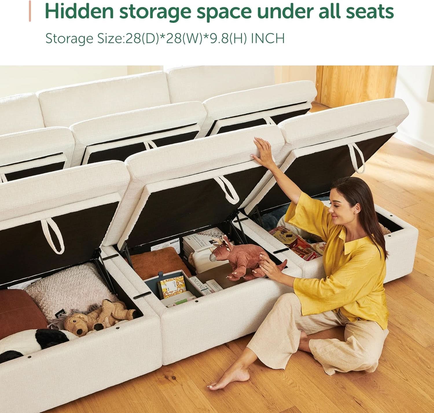 Beige Upholstered Storage Ottoman With Concealed Lid
