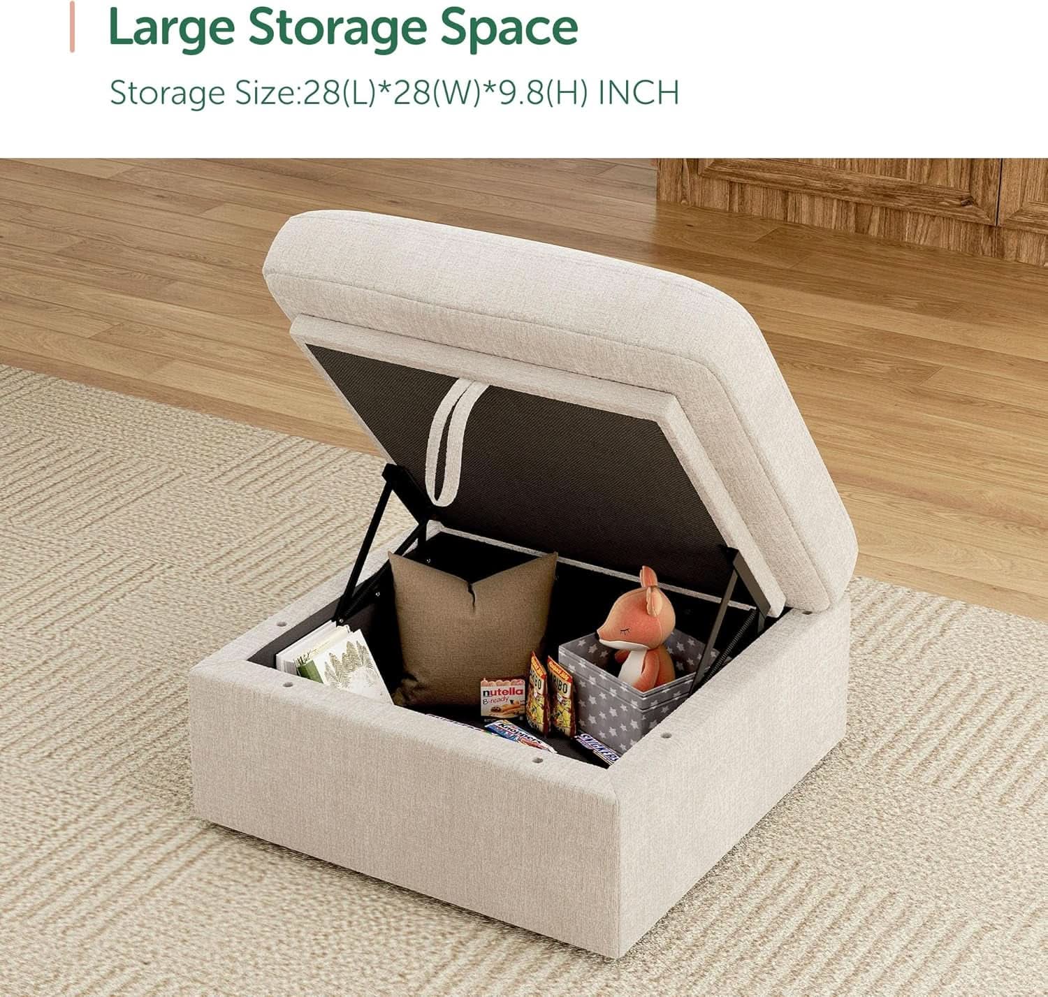 Beige Upholstered Storage Ottoman With Concealed Lid