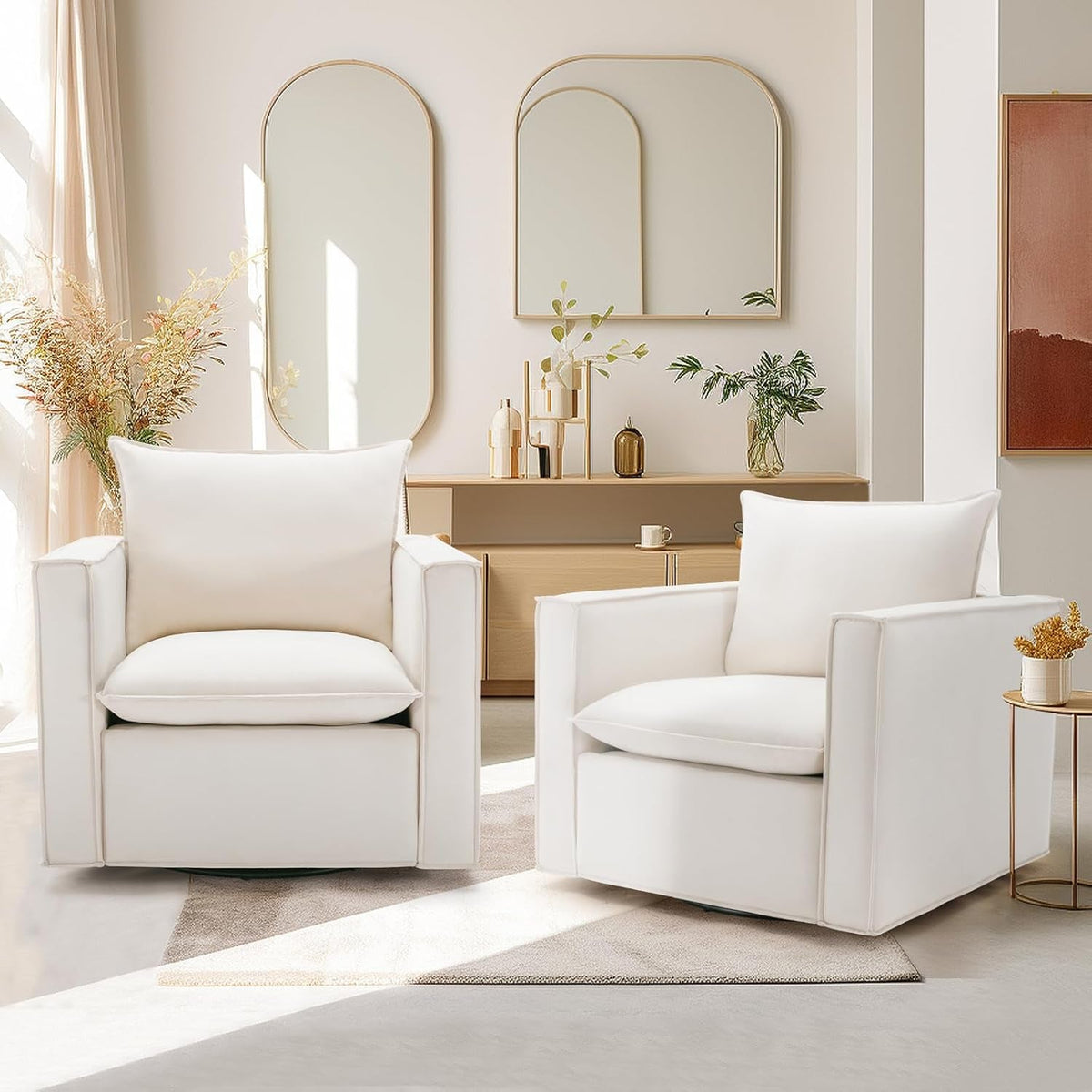 Beige Upholstered Swivel Accent Chairs Set Of 2 360 Degree