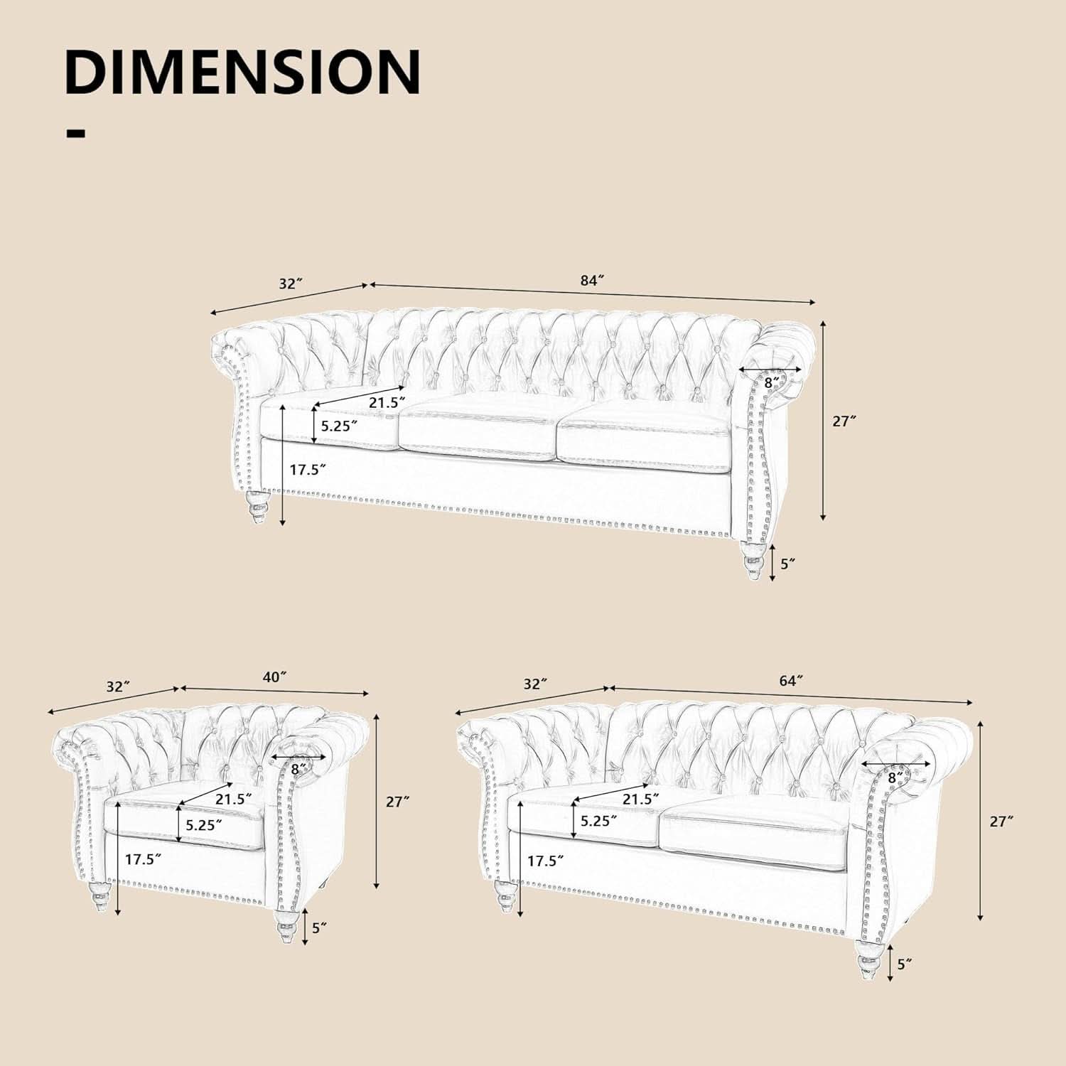 Beige Velvet 3 Piece Living Room Set With Chesterfield Sectional Sofa And Loveseat