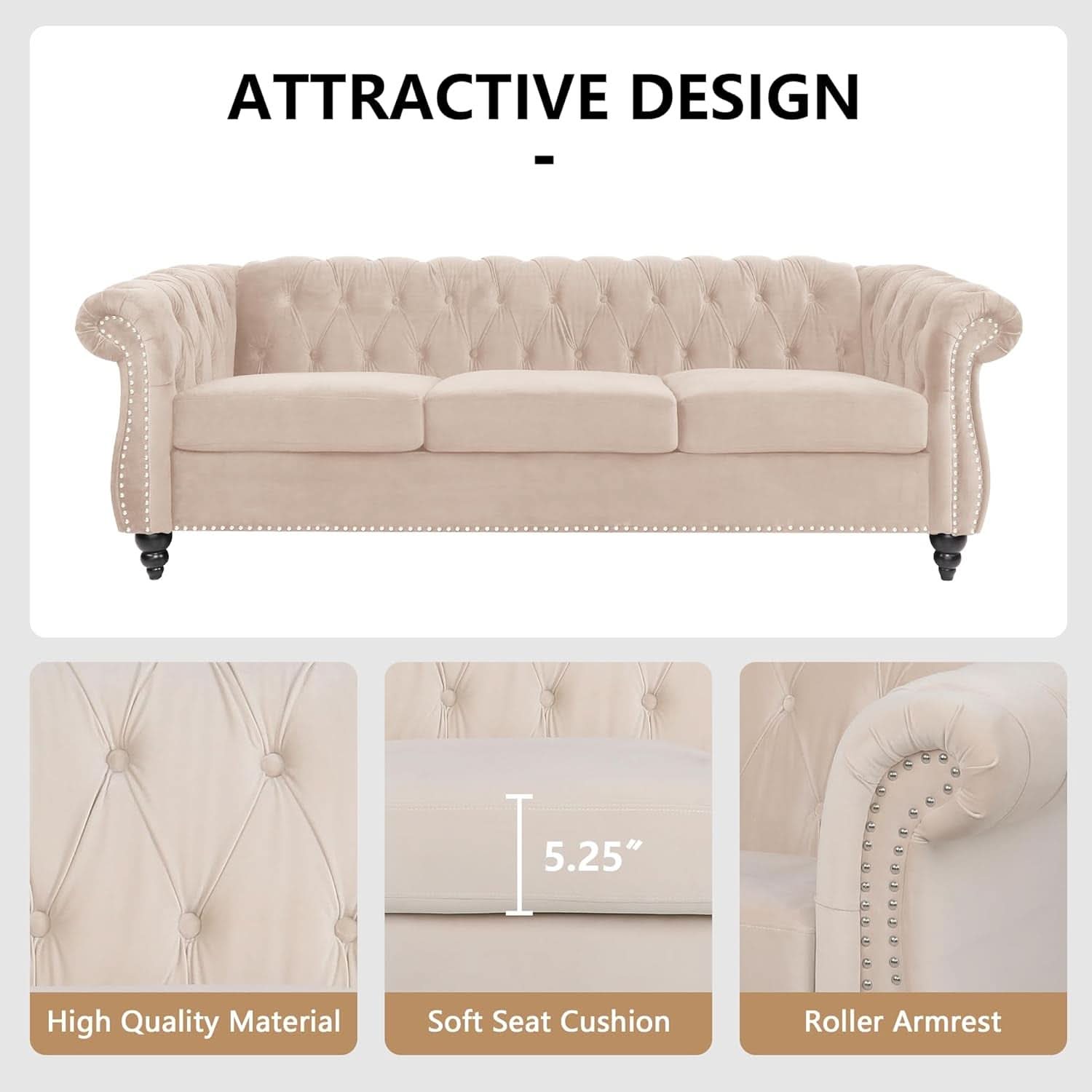 Beige Velvet 3 Piece Living Room Set With Chesterfield Sectional Sofa And Loveseat