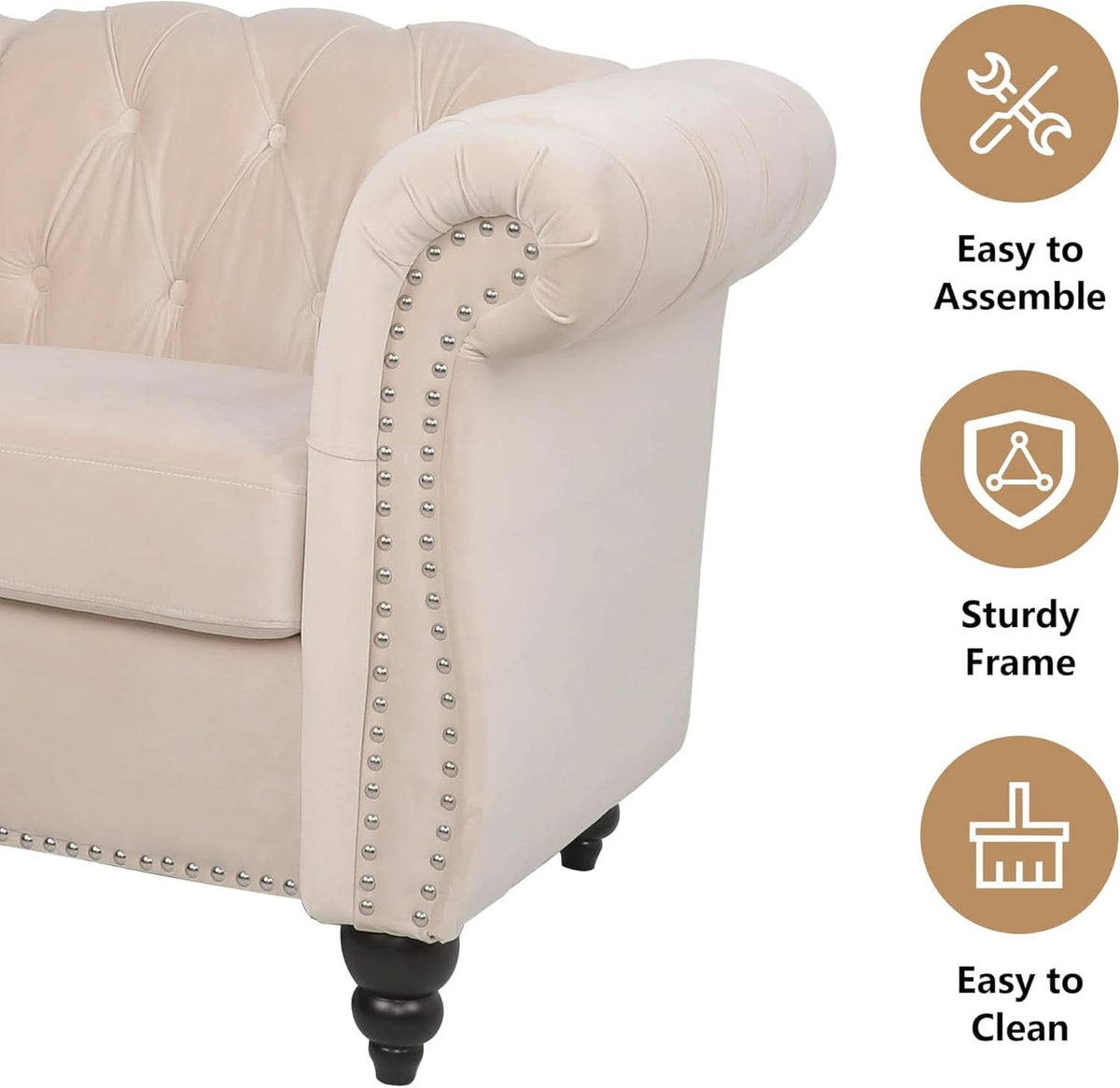 Beige Velvet 3 Piece Living Room Set With Chesterfield Sectional Sofa And Loveseat
