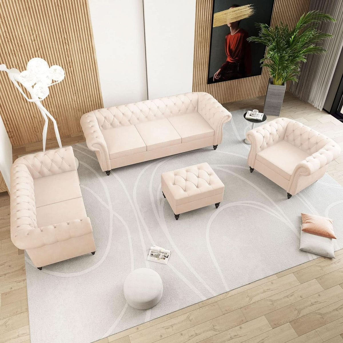 Beige Velvet 3 Piece Living Room Set With Chesterfield Sectional Sofa And Loveseat