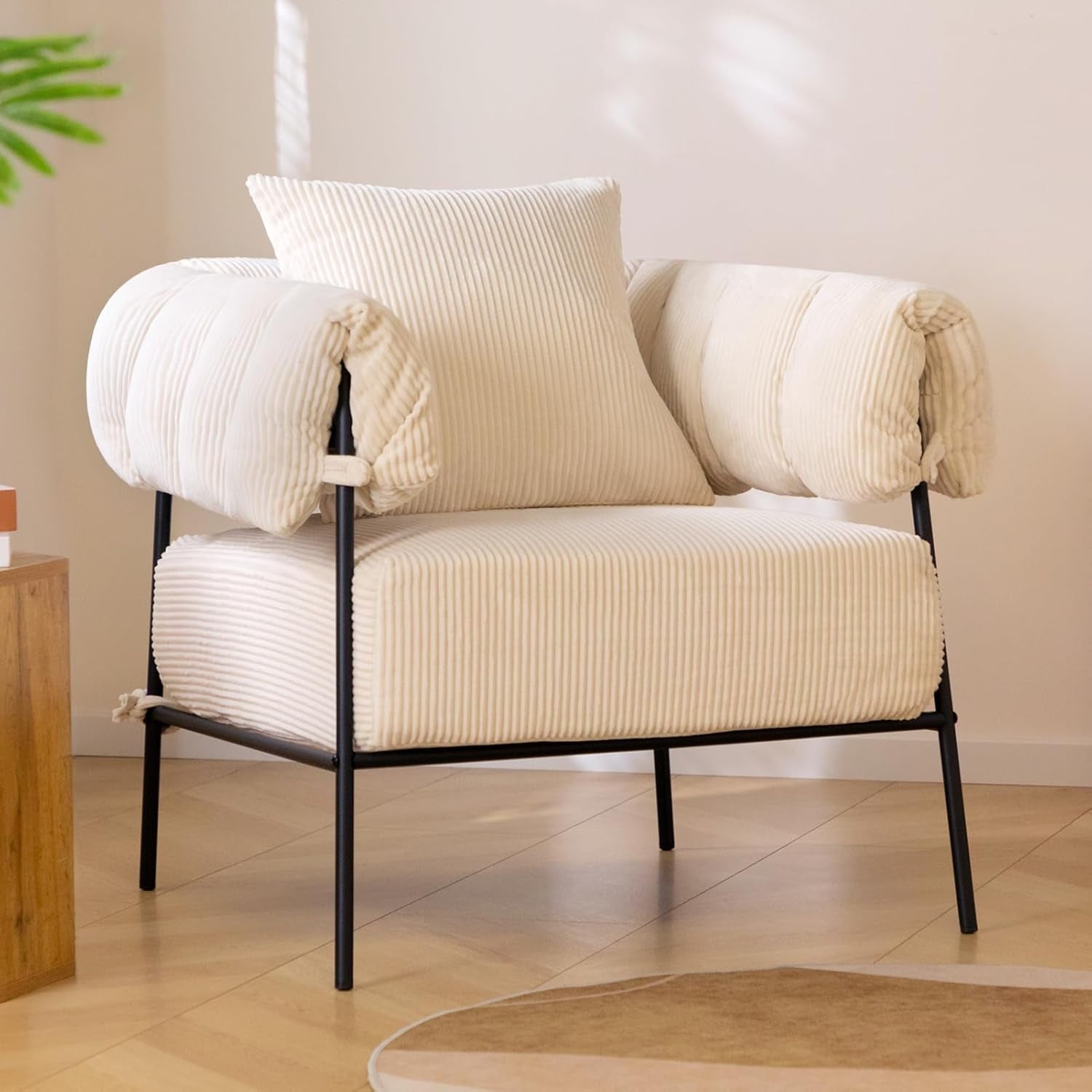 Beige Velvet Accent Chair With Cushion And Metal Frame