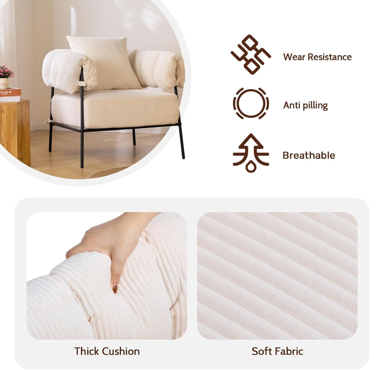 Beige Velvet Accent Chair With Cushion And Metal Frame