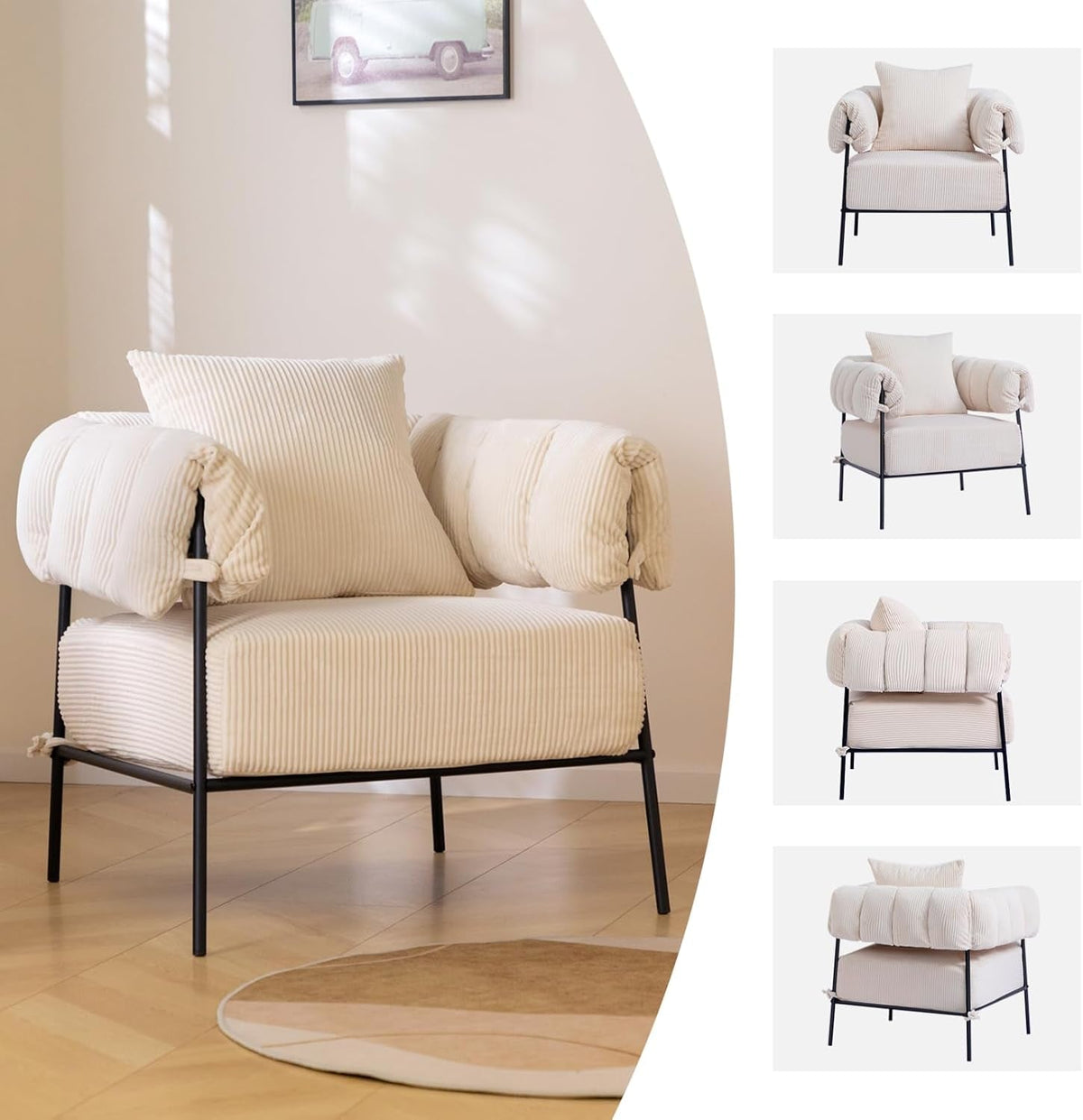 Beige Velvet Accent Chair With Cushion And Metal Frame