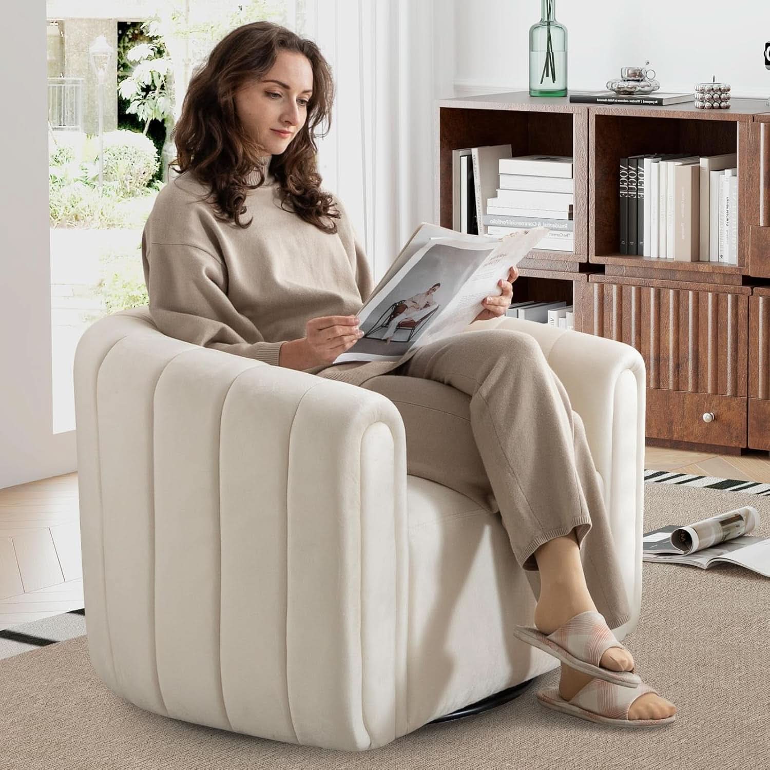 Beige Velvet Barrel Swivel Chair With LumbarPillow