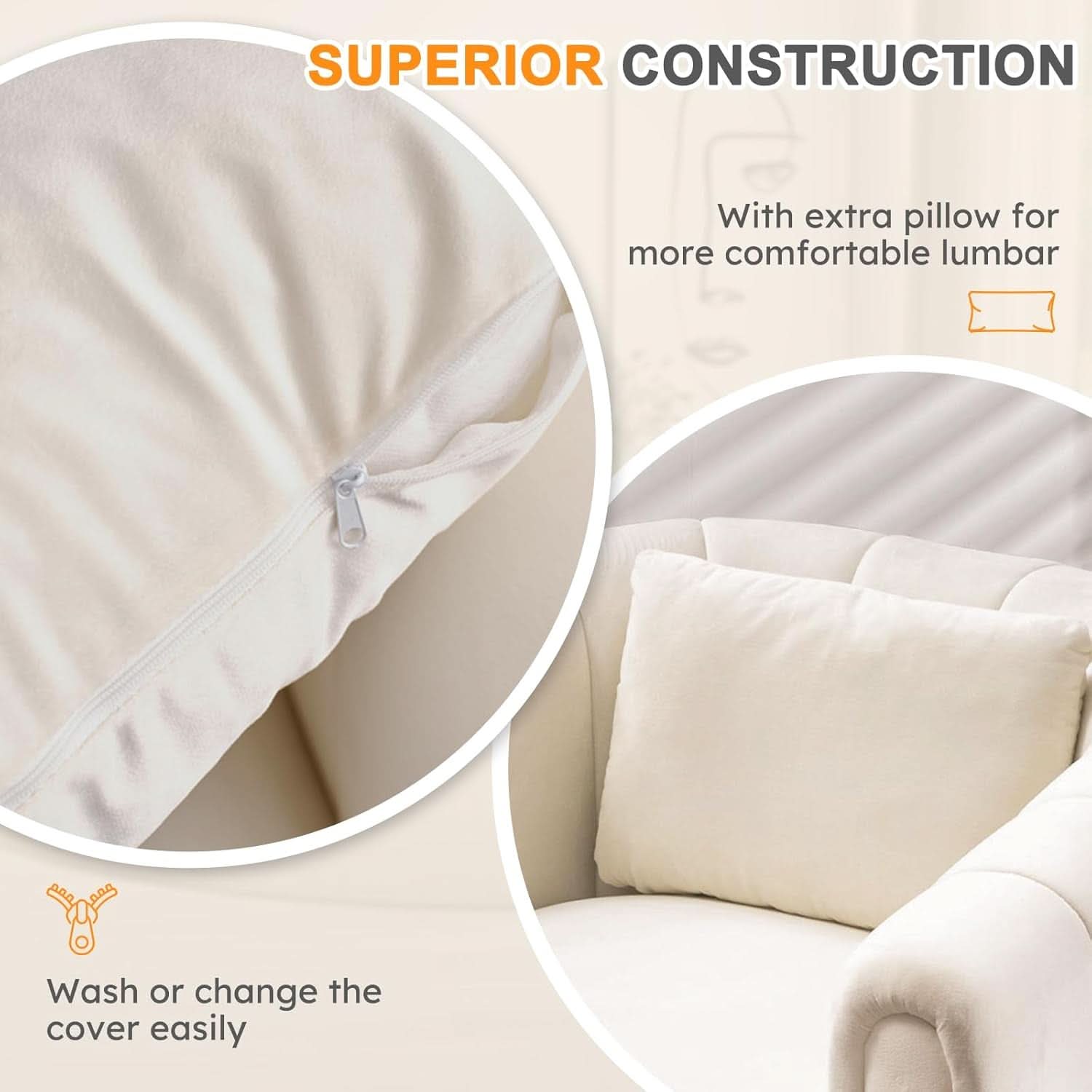 Beige Velvet Barrel Swivel Chair With LumbarPillow