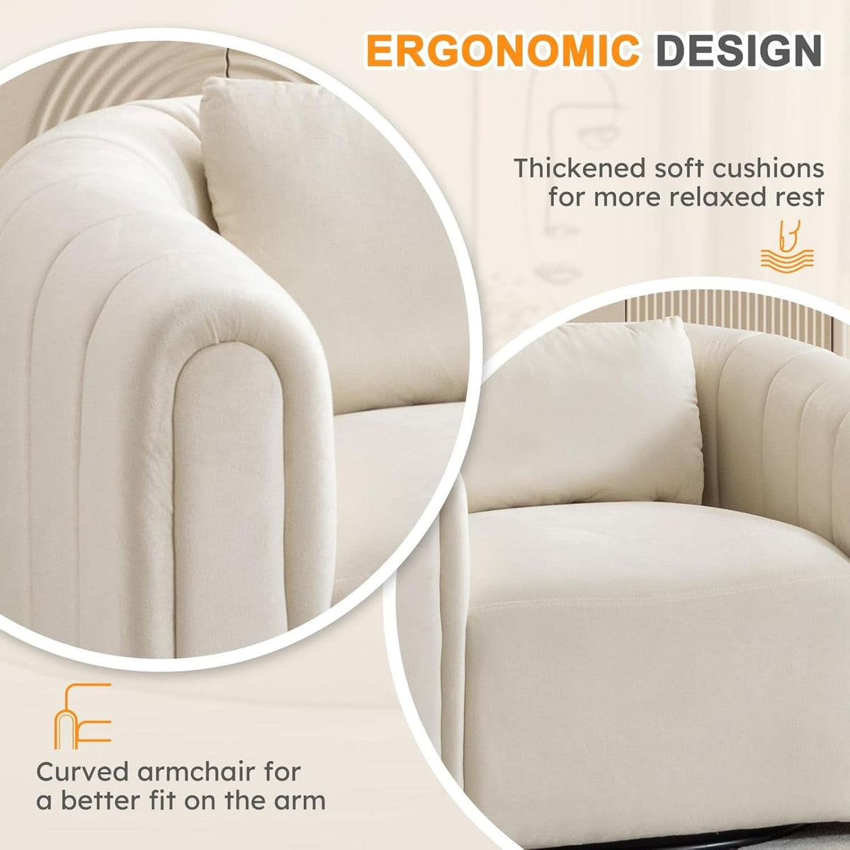 Beige Velvet Barrel Swivel Chair With LumbarPillow