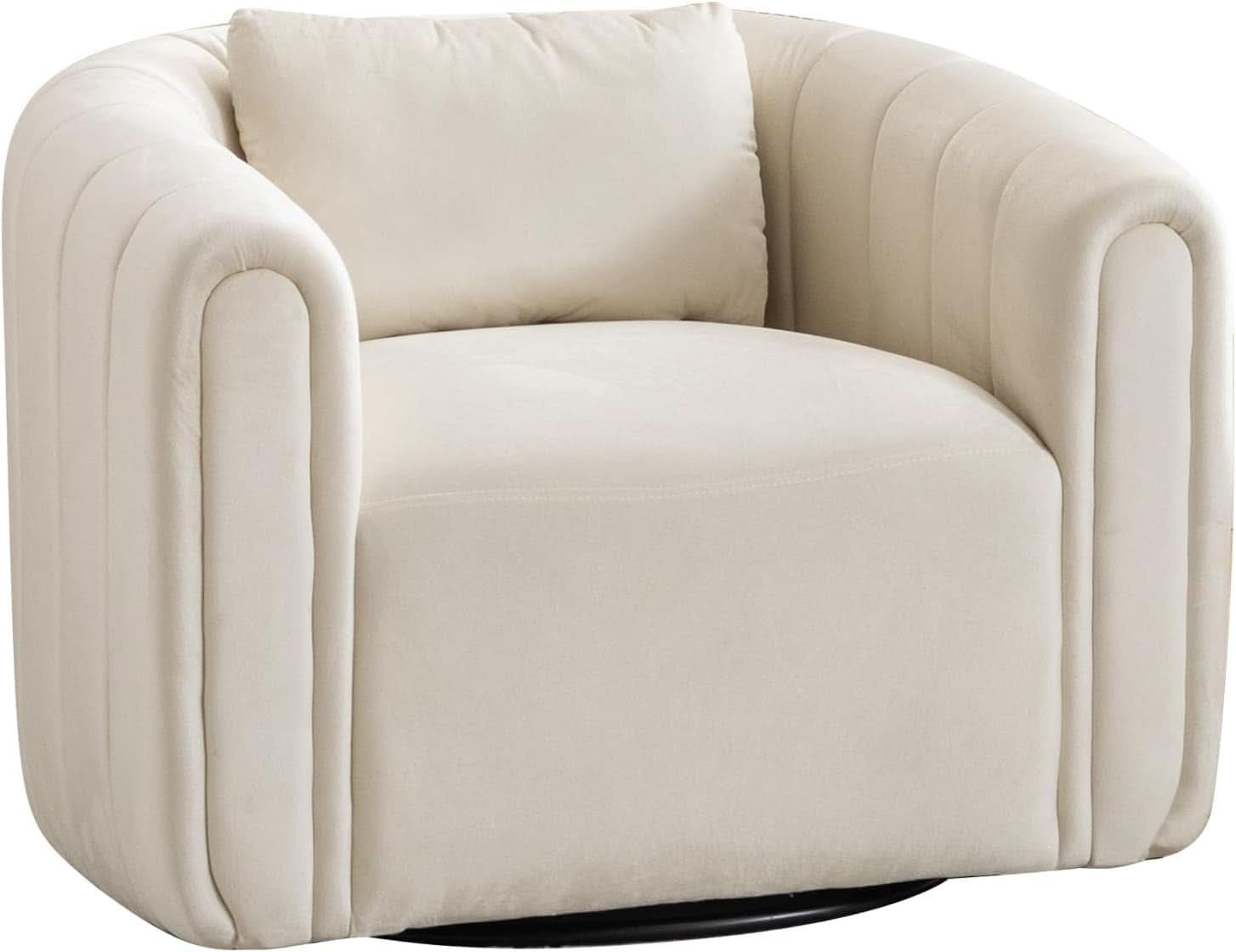 Beige Velvet Barrel Swivel Chair With LumbarPillow