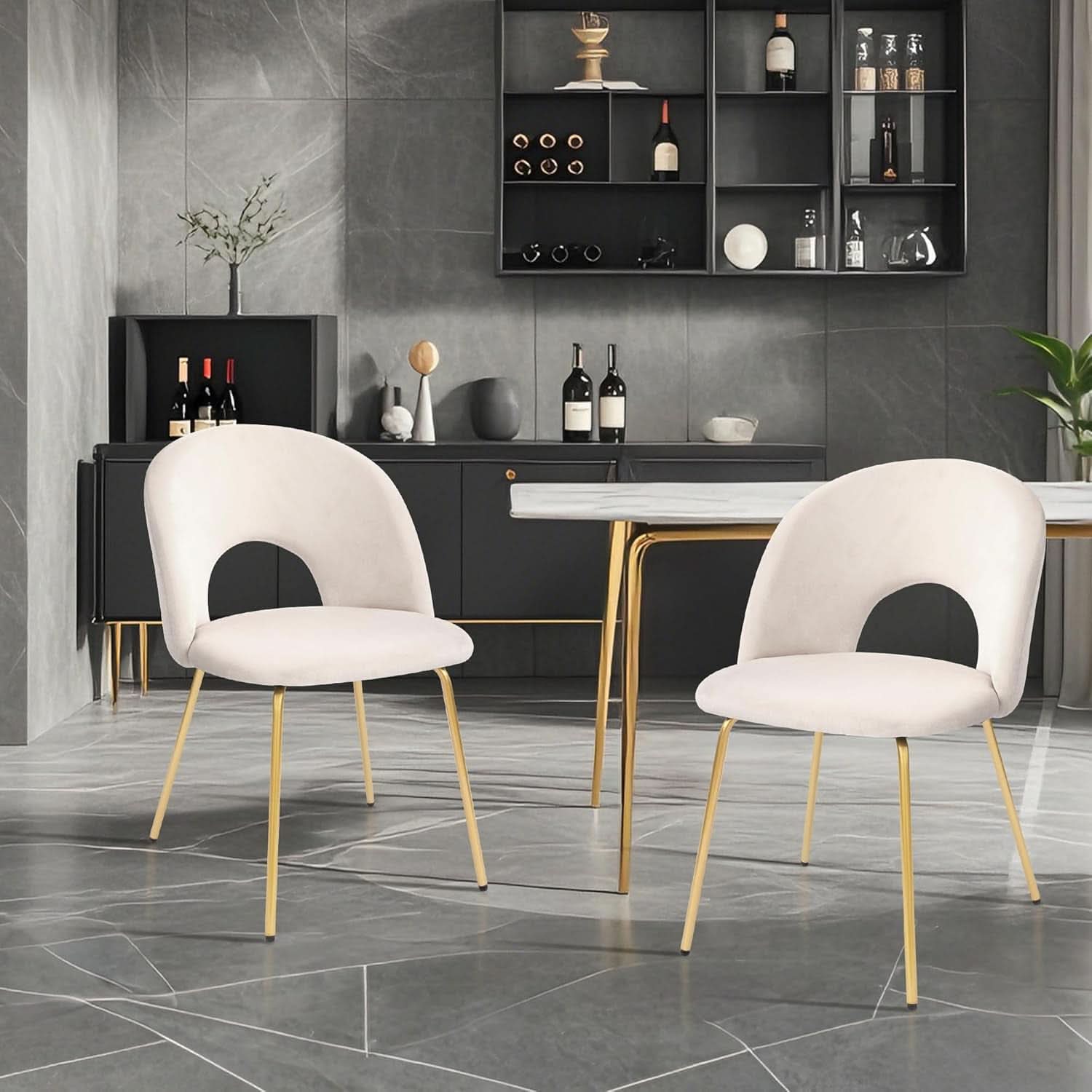 Beige Velvet Dining Chair Set Of 2 With Metal Legs