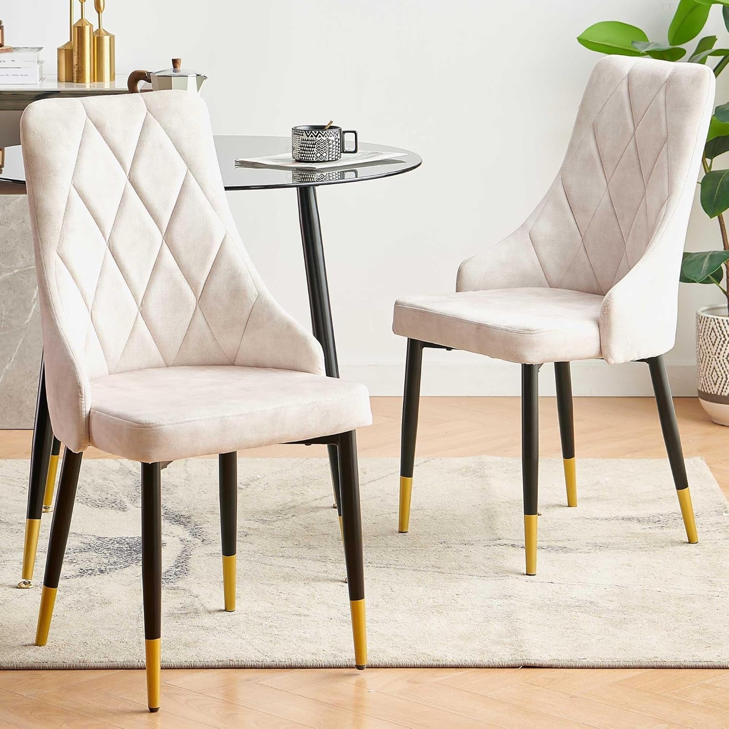 Beige Velvet Dining Chair Set Of 4 With Metal Legs