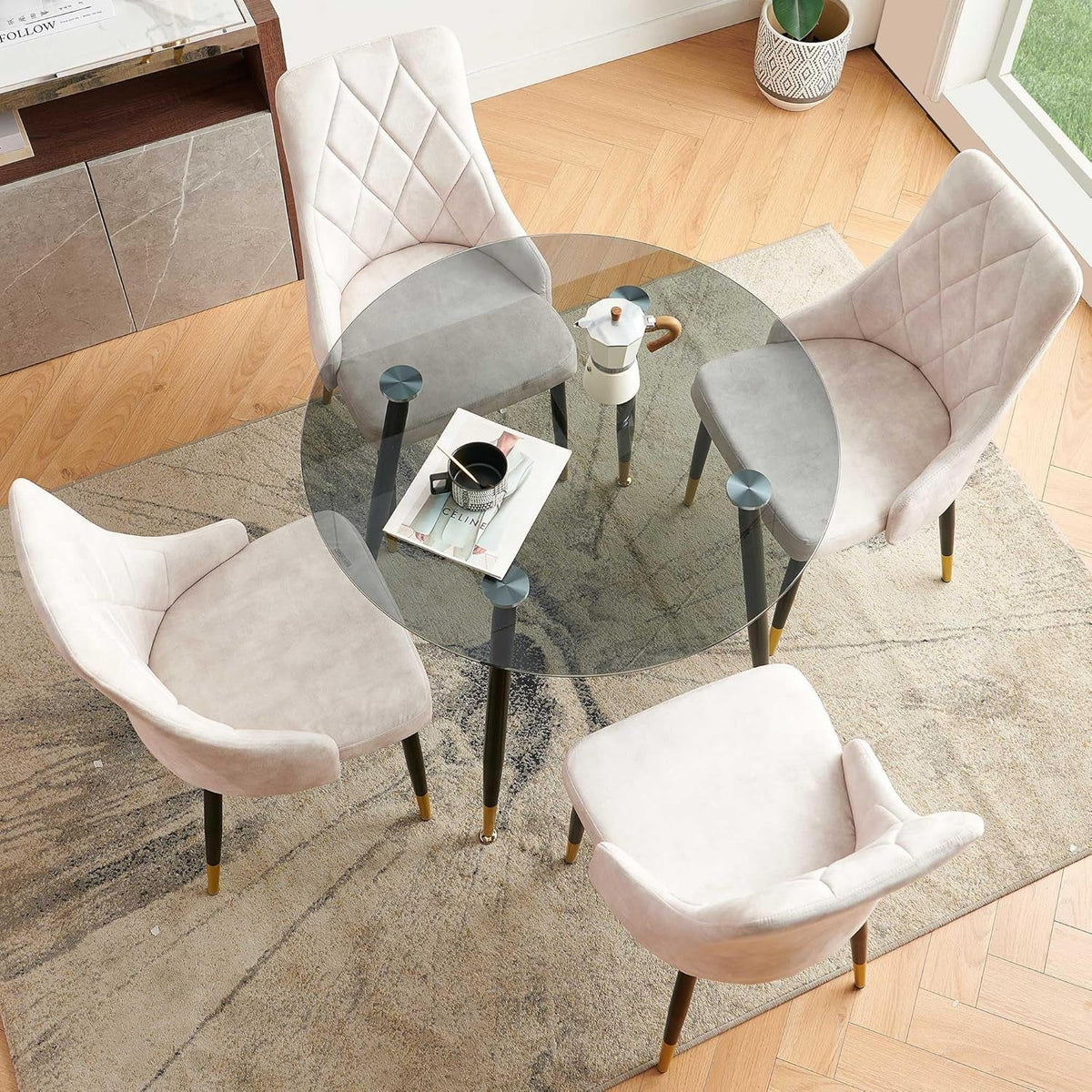 Beige Velvet Dining Chair Set Of 4 With Metal Legs