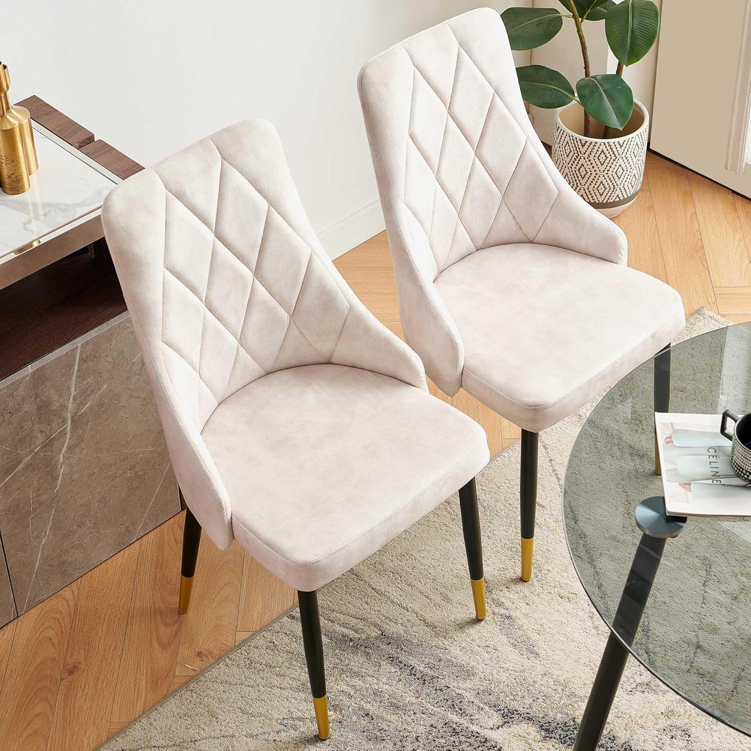 Beige Velvet Dining Chair Set Of 4 With Metal Legs
