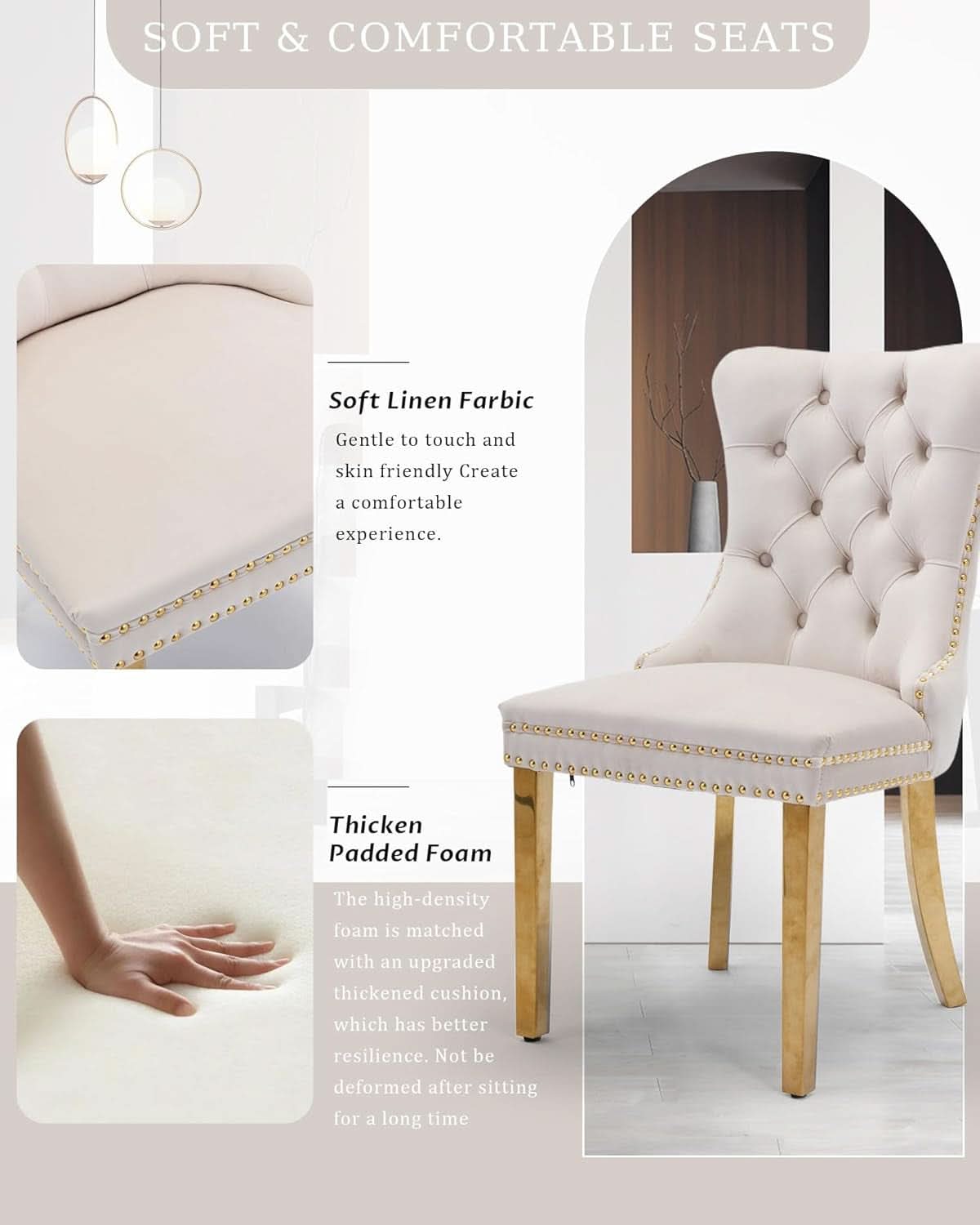 Beige Velvet Dining Chairs Set Of 2 With Tufted Upholstery