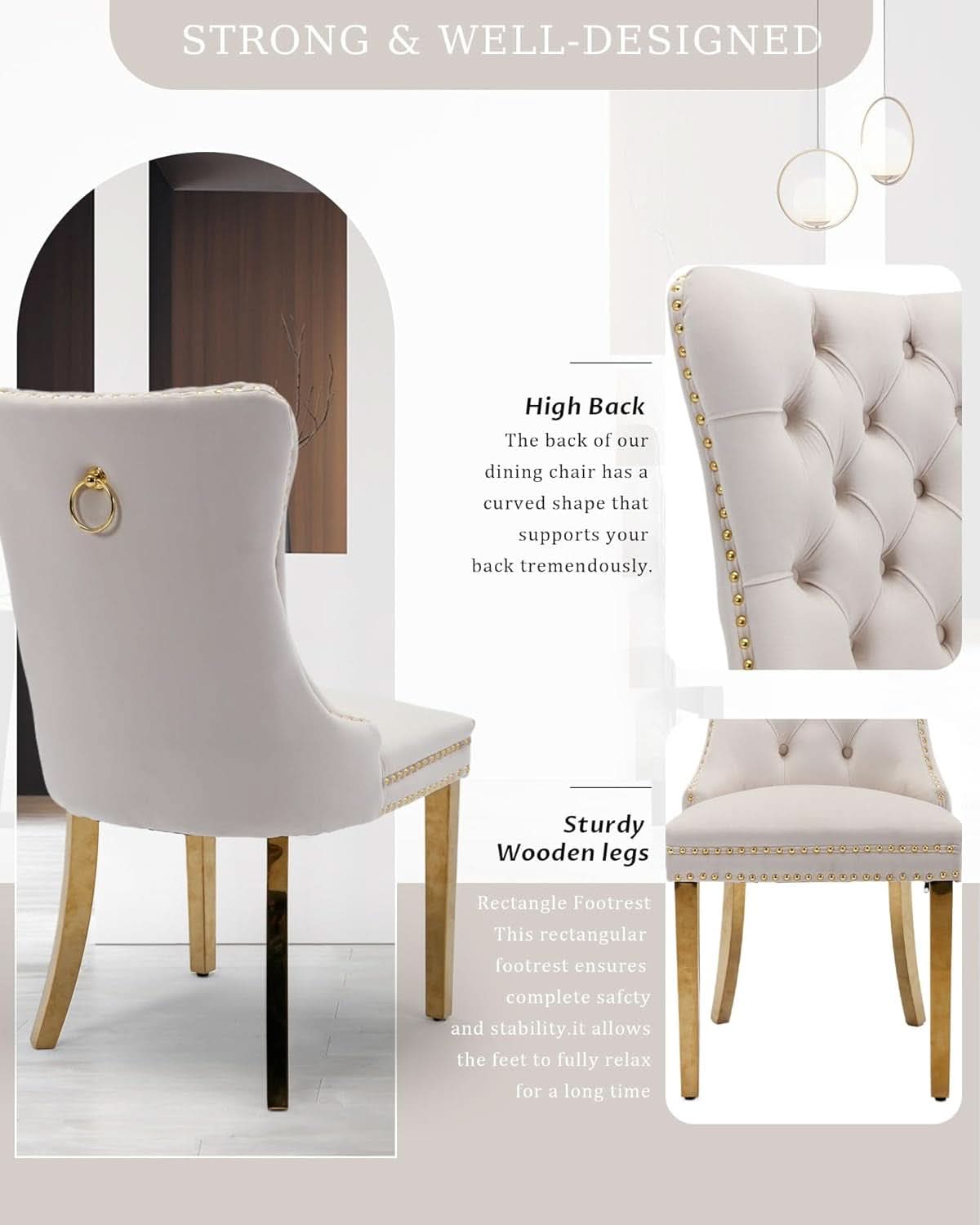 Beige Velvet Dining Chairs Set Of 2 With Tufted Upholstery