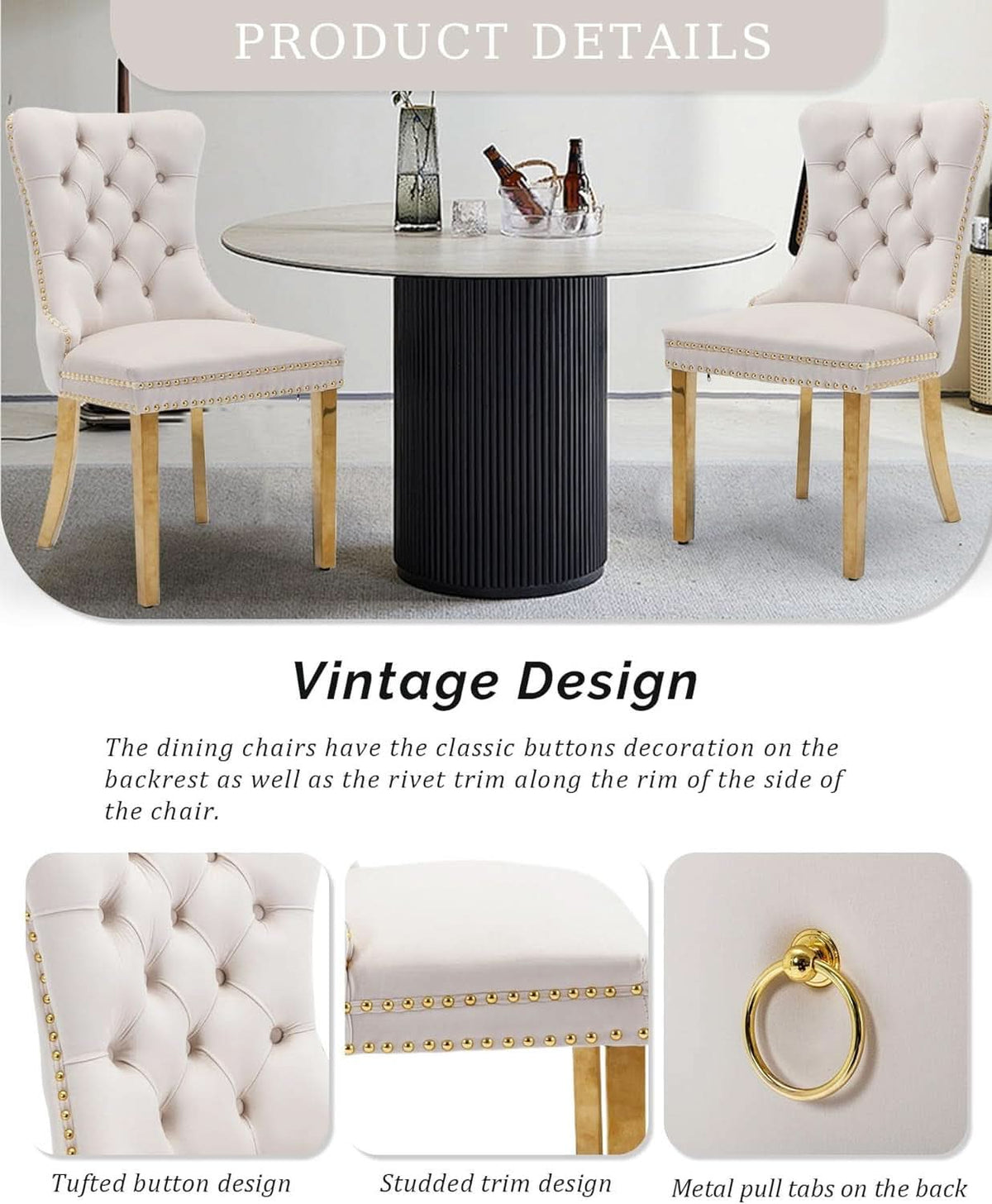 Beige Velvet Dining Chairs Set Of 2 With Tufted Upholstery