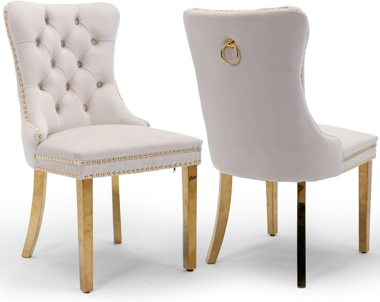 Beige Velvet Dining Chairs Set Of 2 With Tufted Upholstery
