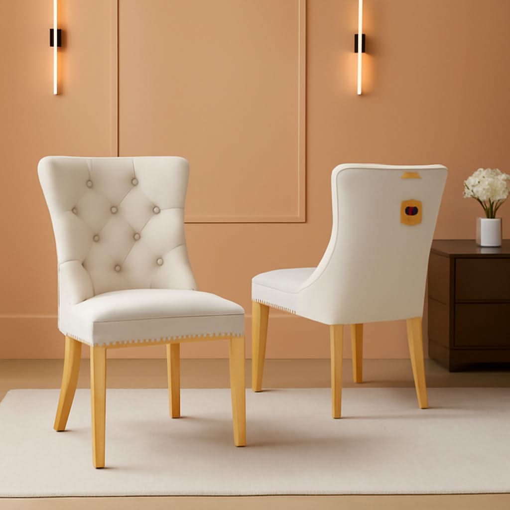 Beige Velvet Dining Chairs Set Of 2 With Tufted Upholstery