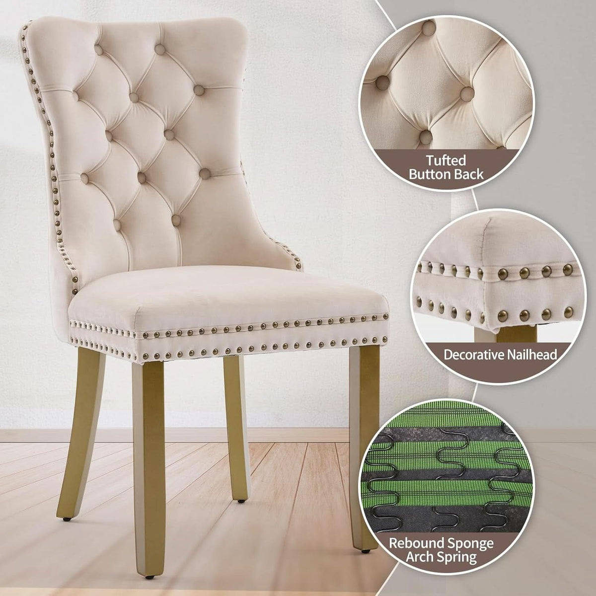 Beige Velvet Dining Chairs Set Of Four Wingback Button Tufted Dining Room Chairs