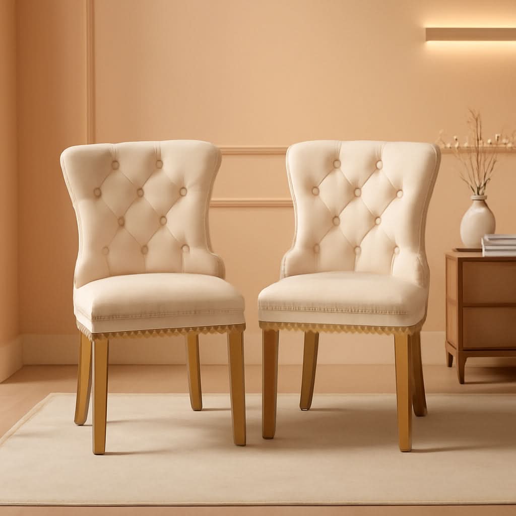 Beige Velvet Dining Chairs Set Of Four Wingback Button Tufted Dining Room Chairs