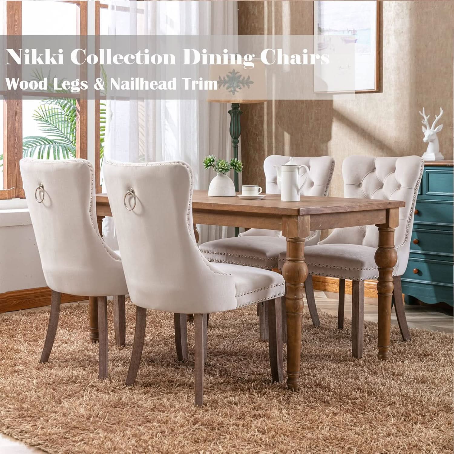 Beige Velvet Dining Chairs Set Of Six Tufted Wingback