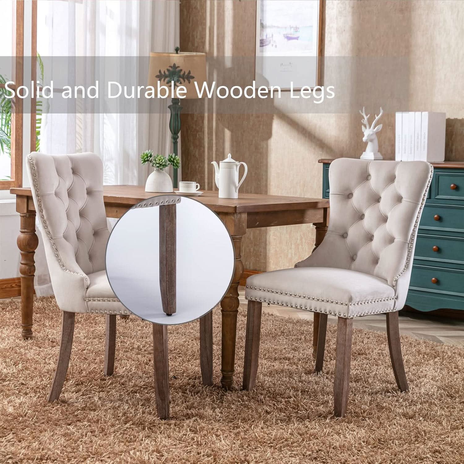 Beige Velvet Dining Chairs Set Of Six Tufted Wingback