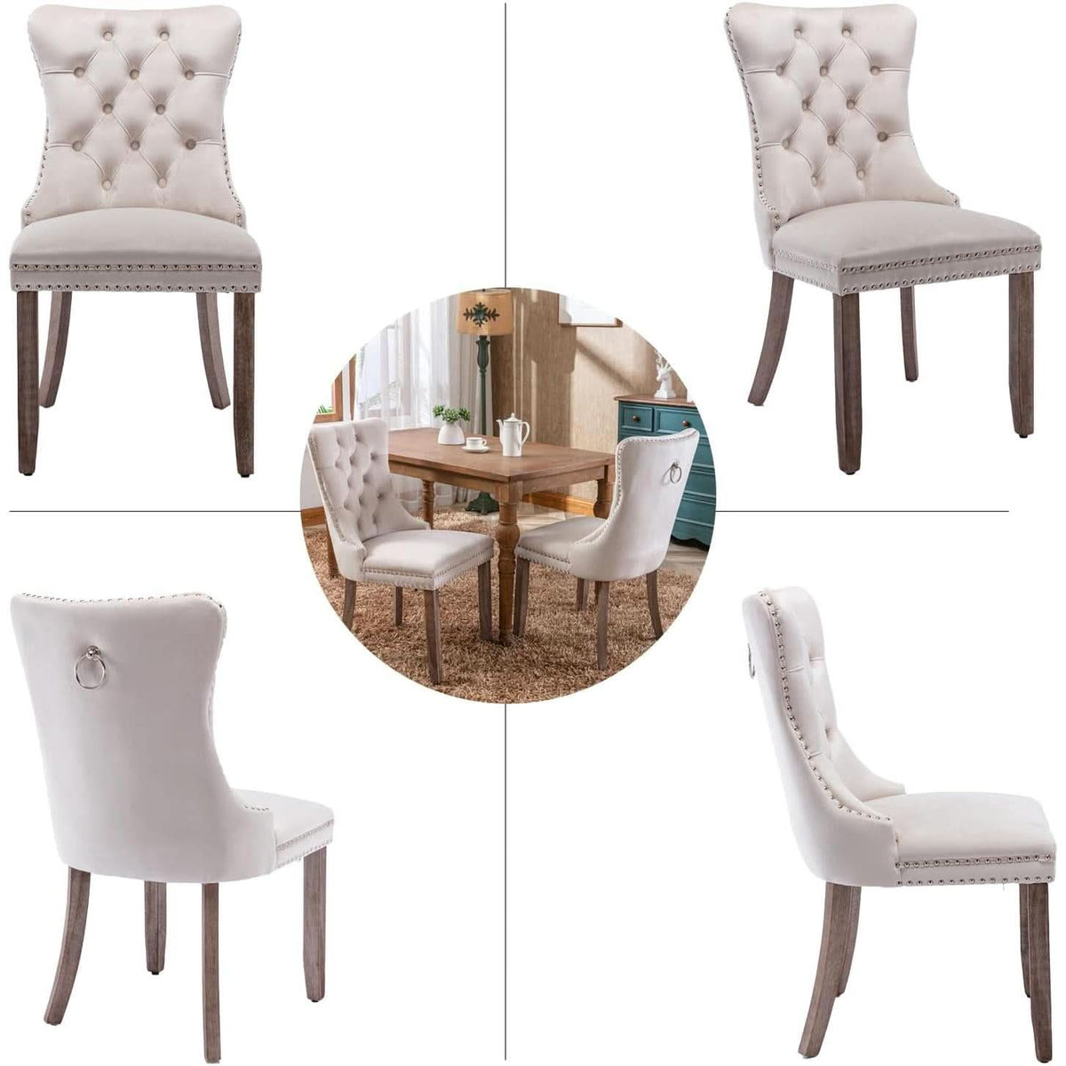 Beige Velvet Dining Chairs Set Of Six Tufted Wingback