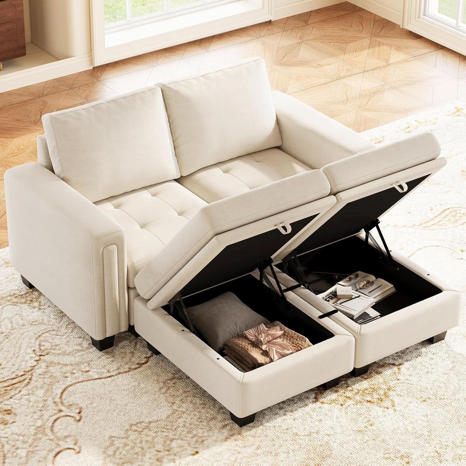 Beige Velvet Modular Sectional Sofa With Storage Sleeper