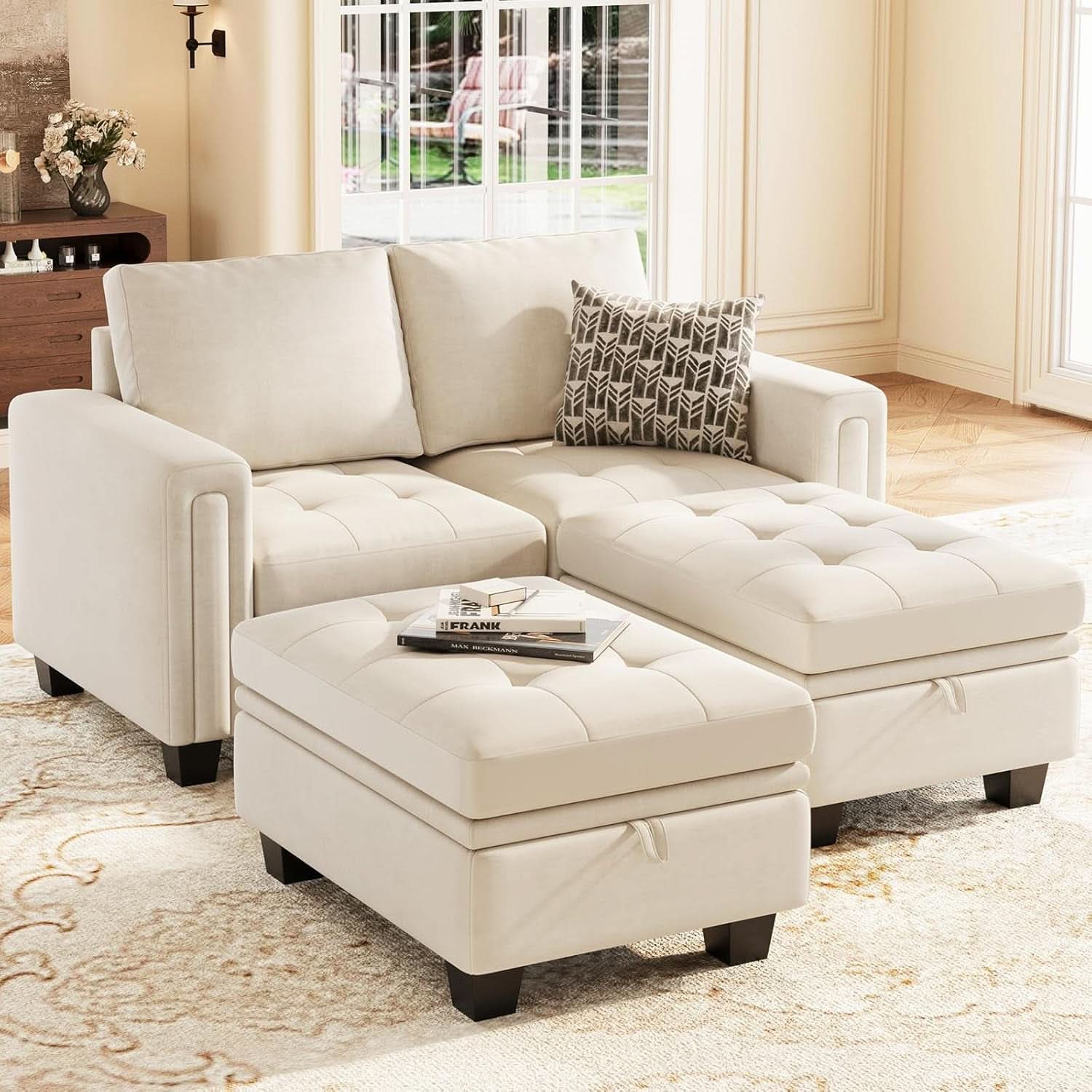 Beige Velvet Modular Sectional Sofa With Storage Sleeper