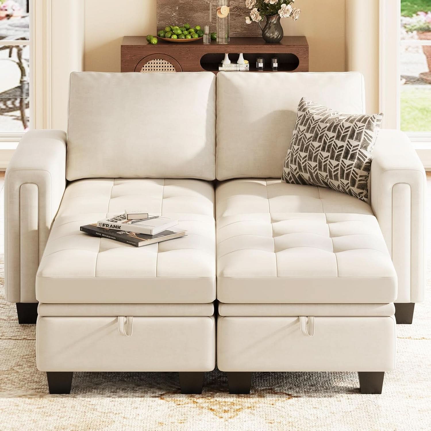 Beige Velvet Modular Sectional Sofa With Storage Sleeper
