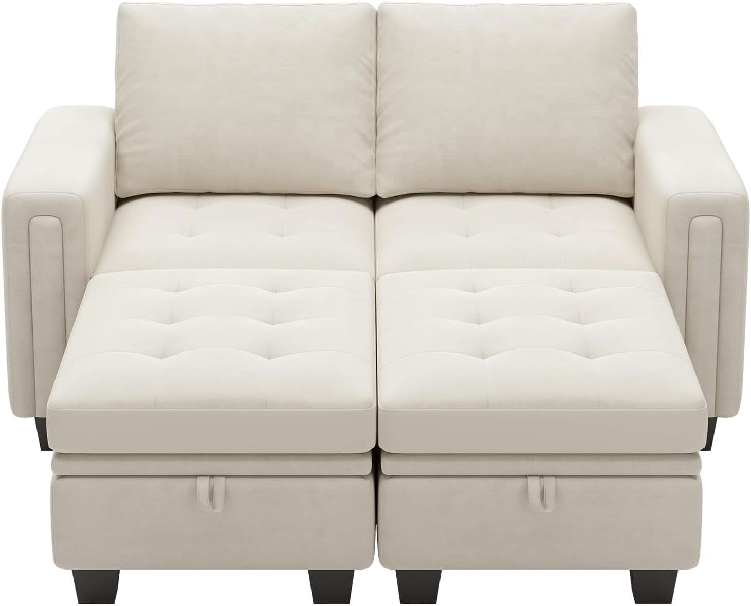 Beige Velvet Modular Sectional Sofa With Storage Sleeper