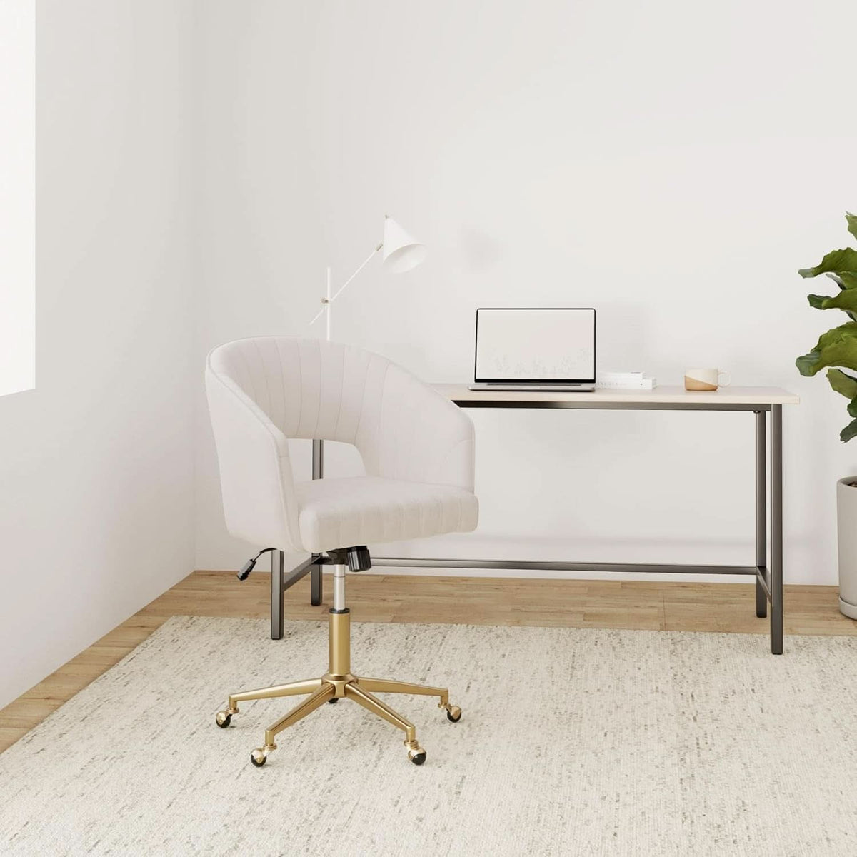 Beige Velvet Office Desk Chair With Adjustable Height